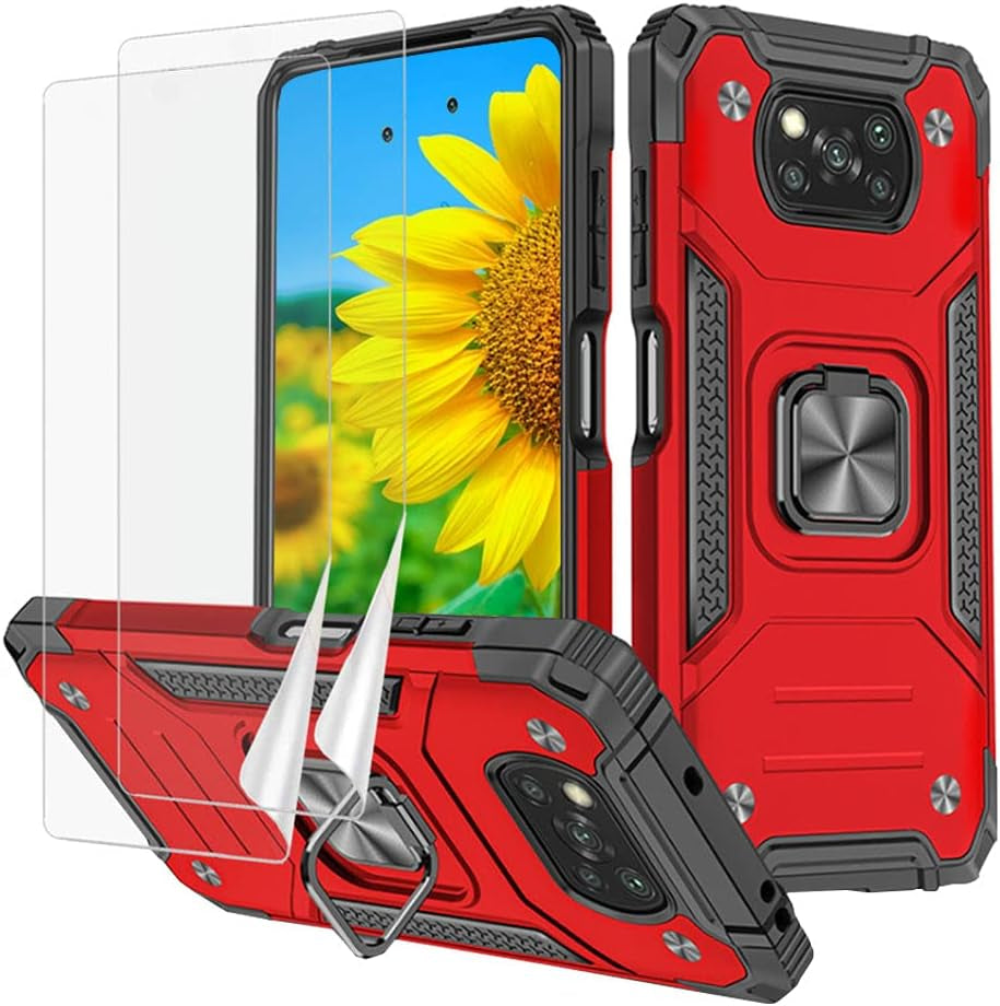 Yahan for Xiaomi Poco X3 Nfc/Xiaomi Poco X3 Case with Tempered Glass Screen Protector[Not Glass][2 Pack]，Hybrid Heavy Duty 360 Degree Rotating Ring Kickstand Shockproof Defender Hard Back Case,Blue  YaHan Red  