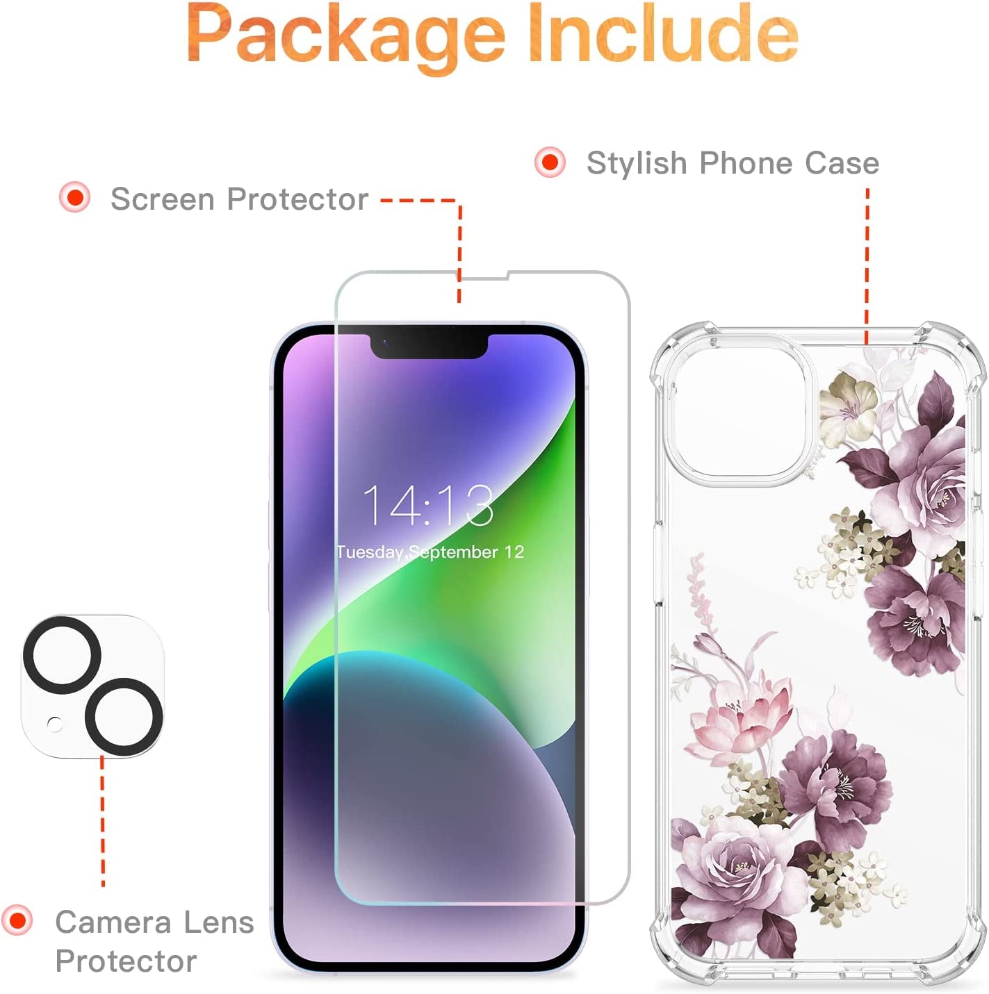 GVIEWIN Case Compatible with Iphone 14 plus 6.7 Inch,With Screen Protector + Camera Lens Protector, Clear Flower Shockproof Soft Protective Floral Women Phone Cover, 2022 (Cherry Blossoms/Purple)  GVIEWIN   