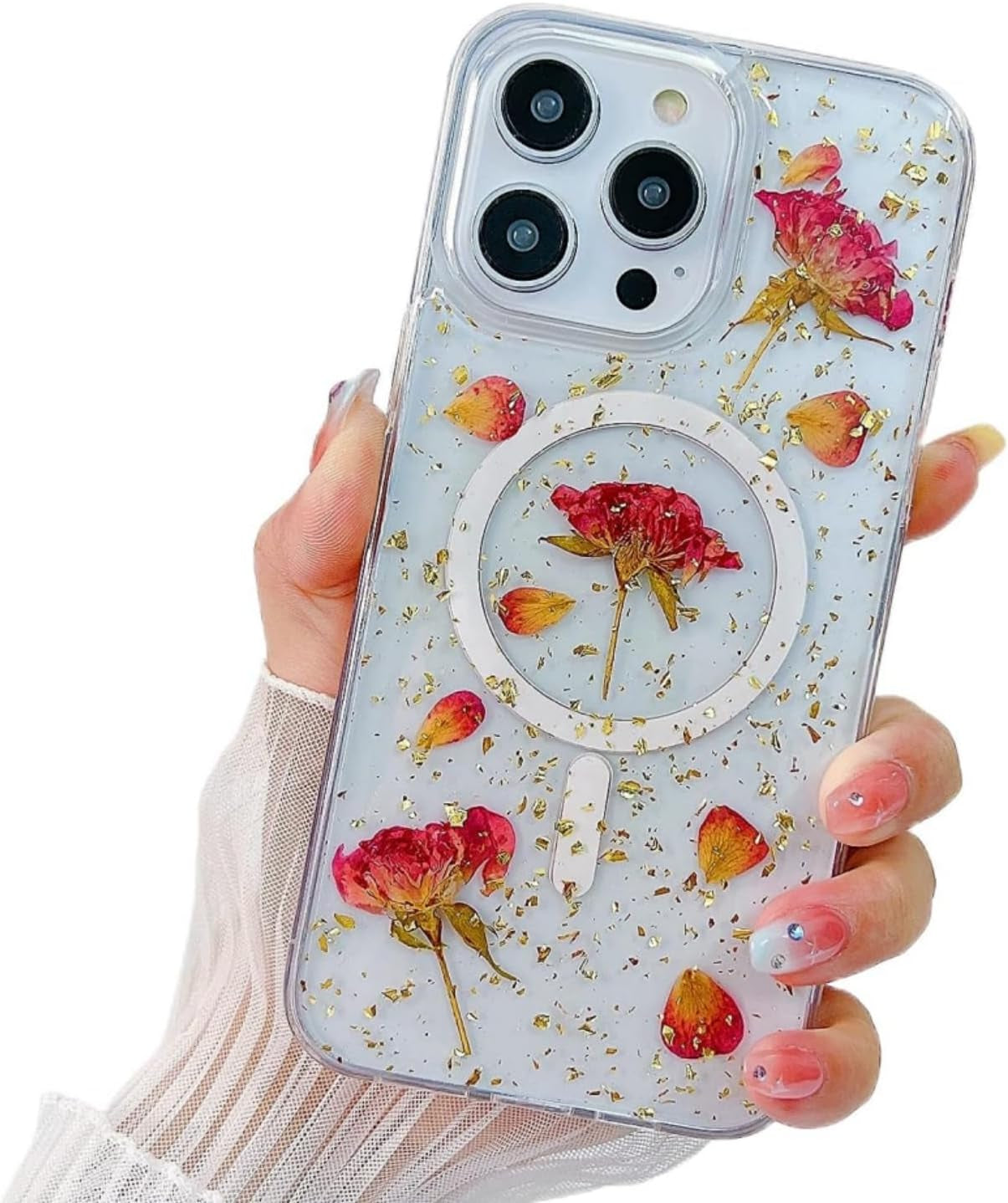 Ytanazing Magnetic Floral Case for Iphone 14 Pro Max [Compatible with Magsafe], Real Flowers Glitter Design Aesthetic Slim Shockproof Protect Sparkle Unique Silicone Phone Cover for Women Girls(Gold)  YTanazing Red  