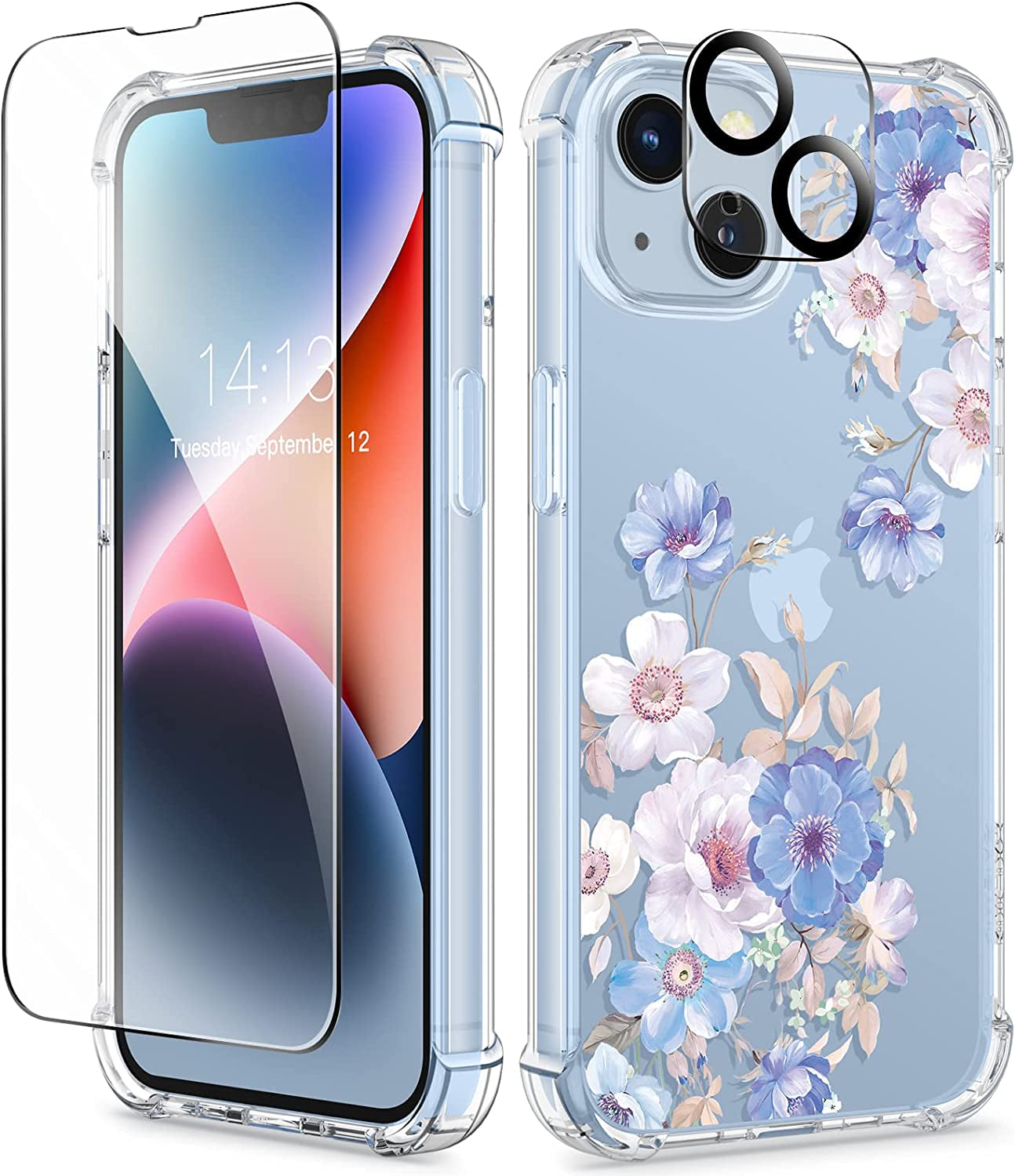 GVIEWIN Compatible with Iphone 14 Case with Screen Protector + Camera Lens Protector, Soft Shockproof Clear Floral Phone Protective Cover for Women, Flower Pattern Design 6.1" (Aster/Purple)  GVIEWIN Alyssum/Blue  
