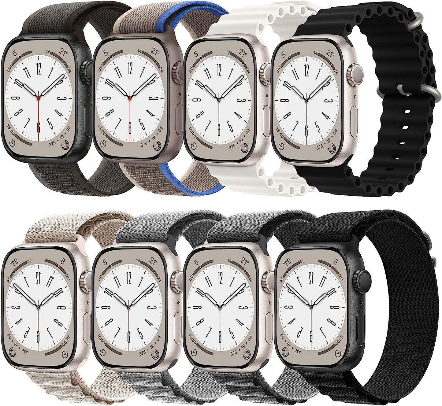 8 Pack Bands - Alpine Loop+Trail Loop+Ocean Band Compatible with Apple Watch Band 49Mm 45Mm 44Mm 42Mm for Men Women, Adjustable Sport Strap for Iwatch Ultra Series 8/7/6/5/4/3/2/1/SE  GDKBAND   