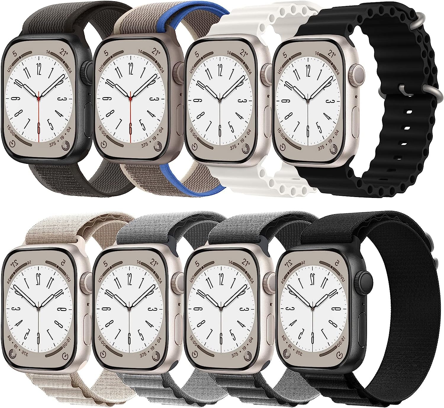 8 Pack Bands - Alpine Loop+Trail Loop+Ocean Band Compatible with Apple Watch Band 49Mm 45Mm 44Mm 42Mm for Men Women, Adjustable Sport Strap for Iwatch Ultra Series 8/7/6/5/4/3/2/1/SE  GDKBAND   