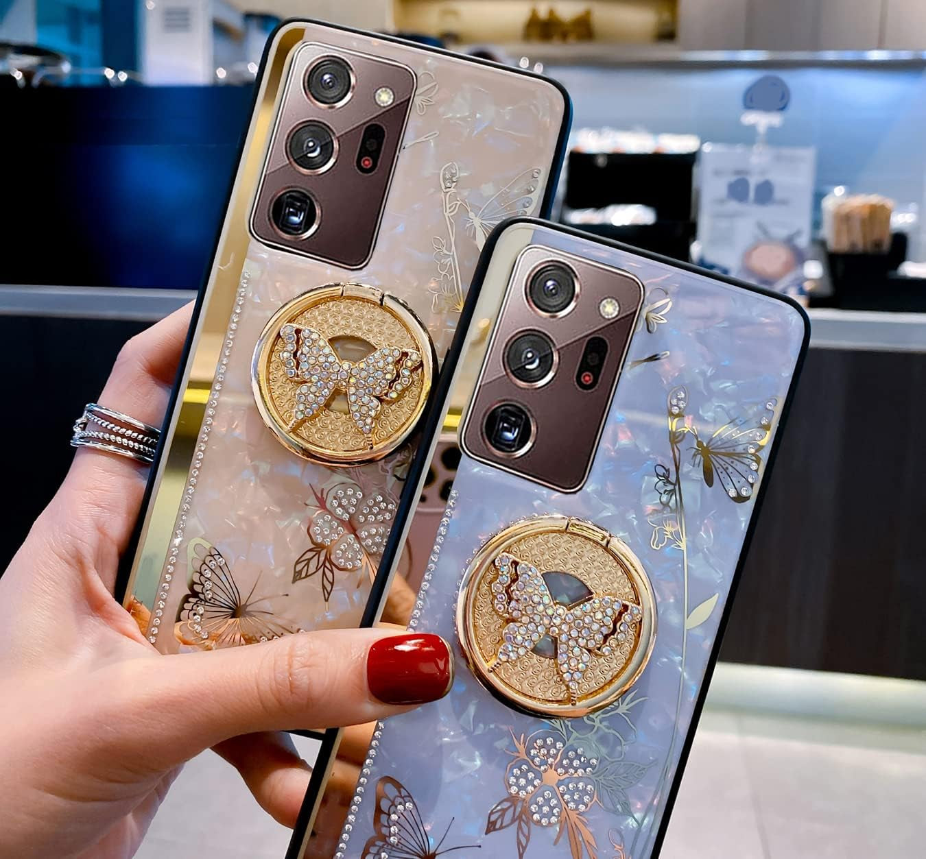 Supshop Note20 for Samsung Galaxy Note 20 5G Case for Women Girl Design with Ring Kickstand,Fashion Cute Bling Diamond Rhinestone Glitter Butterfly Marble Mirror Phone Cover,Purple  SUPSHOP   