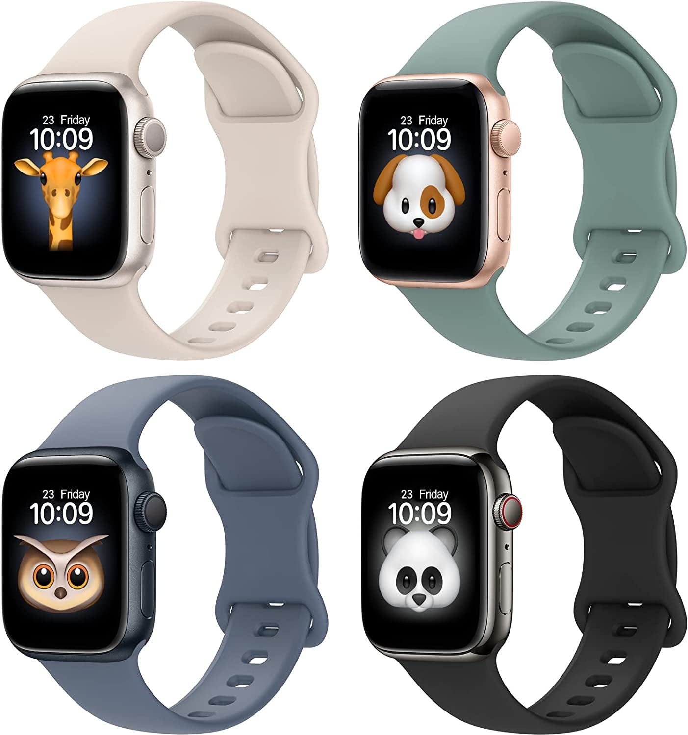 BRG 4 Pack Bands for Apple Watch Band Series Ultra SE 8 7 6 5 4 3 2 1 40Mm 38Mm 44Mm 42Mm 45Mm 41Mm 49Mm, Women and Men Sport Apple Watch Bands, Soft Silicone Strap Replacement for Iwatch Bands  BRG Black/Starlight/Olive Green/Blue Grey 41mm/40mm/38mm 