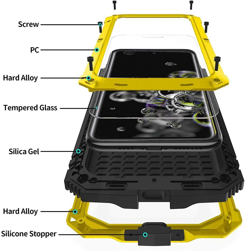 Simicoo Samsung Note 20 Ultra Metal Case with Screen Protector Military Rugged Heavy Duty Shockproof with Stand Camera Protector Full Cover Case for Note 20 Ultra (Yellow)  Simicoo   
