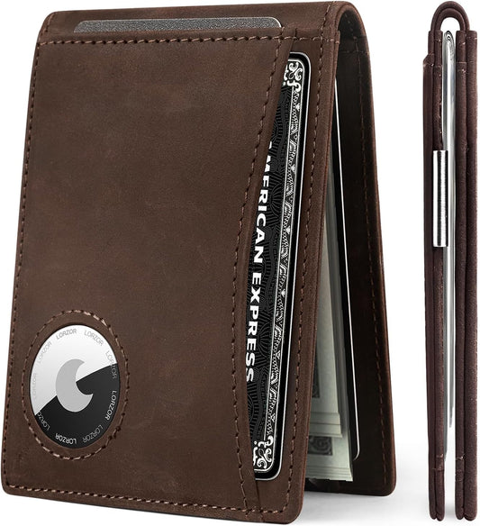 LORZOR Airtag Wallet - Slim Minimalist Front Pocket Mens Wallet with Money Clip for Apple Air Tag, Bifold Full Grain Leather, RFID Air Tag Wallets for Men, 2 ID Window Gifts (Airtag Not Included)  LORZOR   