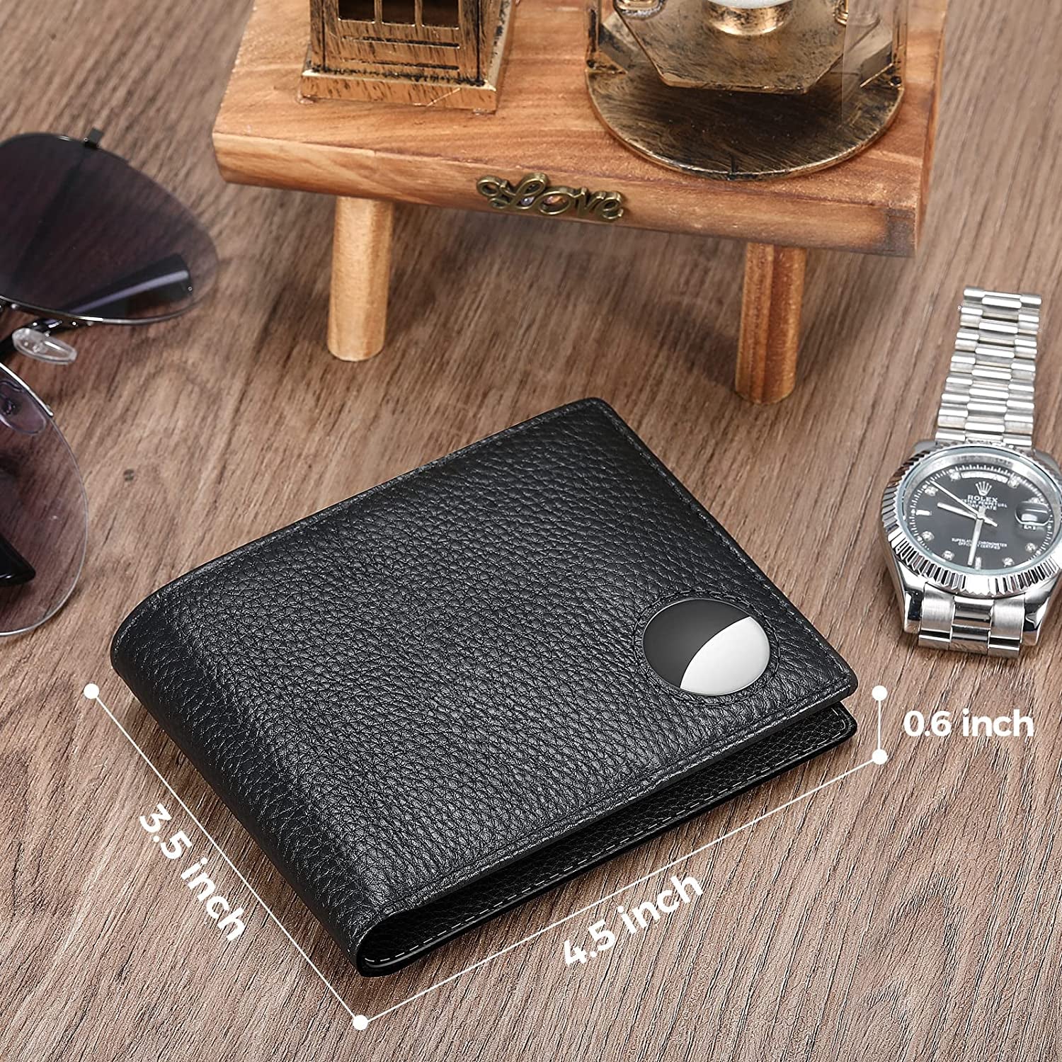 Dallson Mens Wallet for Airtag, Bifold Genuine Leather Wallet with Air Tag Holder, 2 ID Window, 10 Card Slot, RFID Blocking, Smart Wallet Compatible with Apple Airtag (Black)  Dallson   