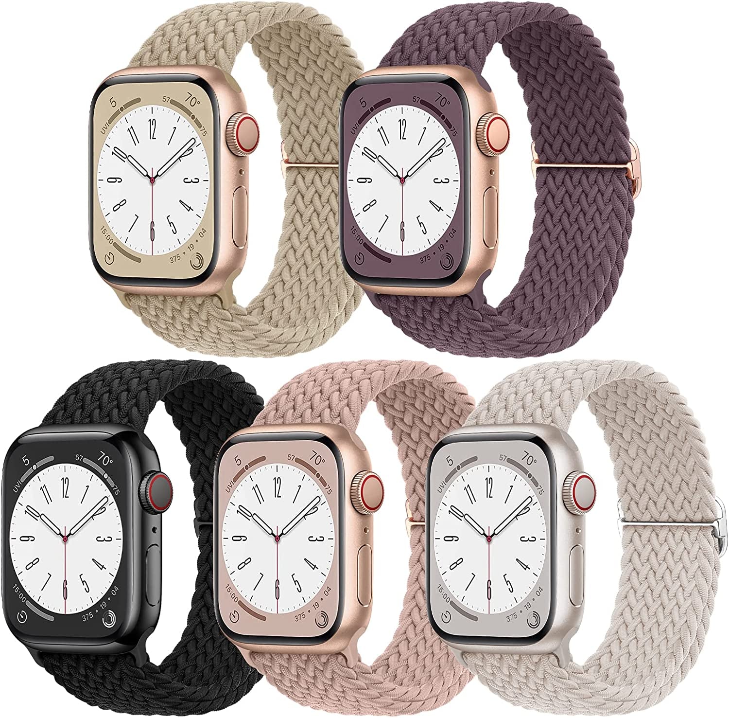 EOMTAM 5 Pack Braided Stretchy Adjustable Straps Compatible for Apple Watch Band 38Mm 40Mm 41Mm 42Mm 44Mm 45Mm 49Mm for Women Men ,Sport Elastic Nylon Cloth Wristbands for Iwatch Series Ultra 8 SE 7 6 5 4 3  EOMTAM Starlight-Silver/Smoke Violet/Beige/Deep Pink/Black 42MM/44MM/45MM/49MM 