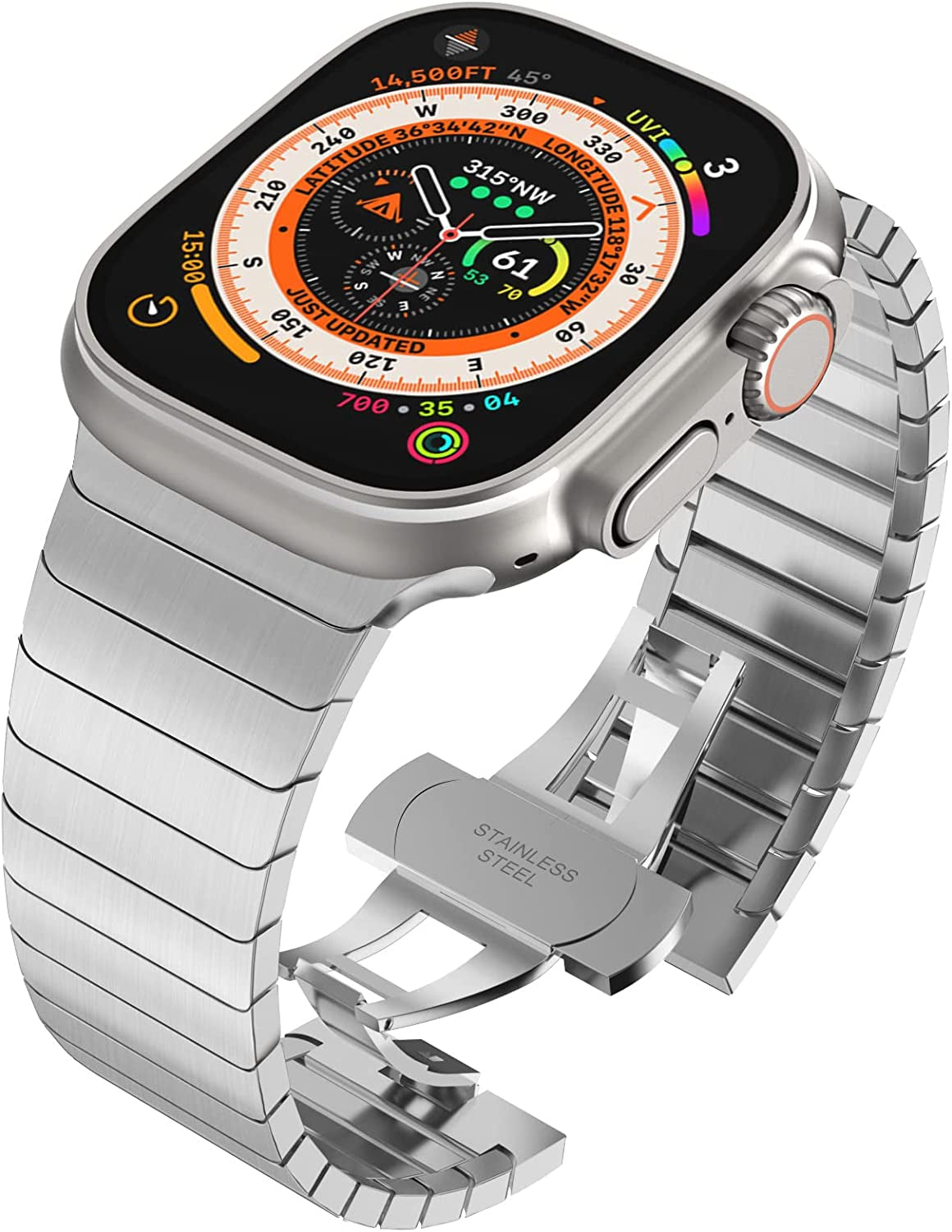 WINGLE Compatible for Apple Watch Ultra Band 49Mm 44Mm 45Mm 42Mm Series 8 7 Men, Stainless Steel Band Metal Strap Wristband for Apple Watch Iwatch Ultra SE 6 5 4 3 2 1 Link Women, Titanium  WINGLE Silver Ultra 49mm/45mm/44mm/42mm 