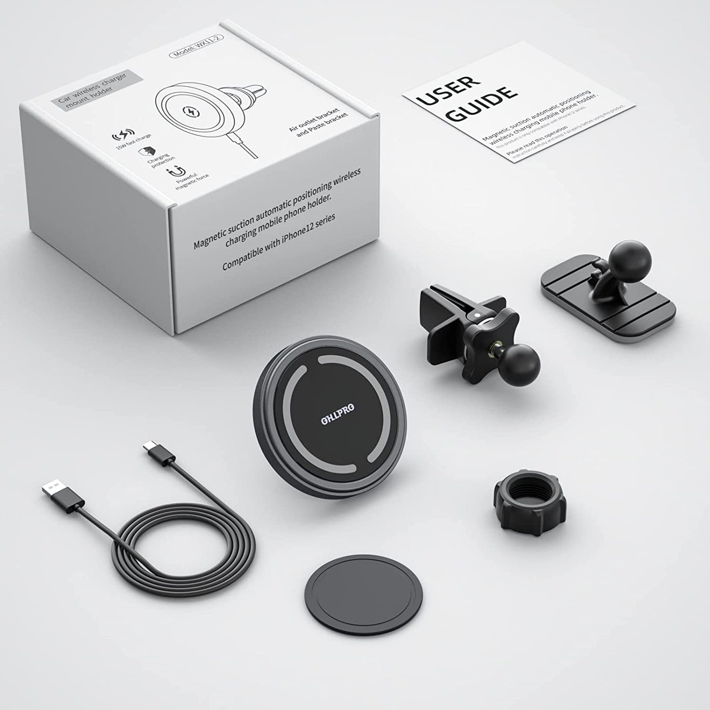 Magnetic Wireless Car Charger Mount, Stick on the Dashboard for Magsafe Iphone 14/14 Pro/14 Max/13/13 Pro/13 Pro Max/ 12/12Pro/Mini, Fast Charging Auto-Alignment Air Vent Phone Holder (Dark Grey)  OHLPRO   