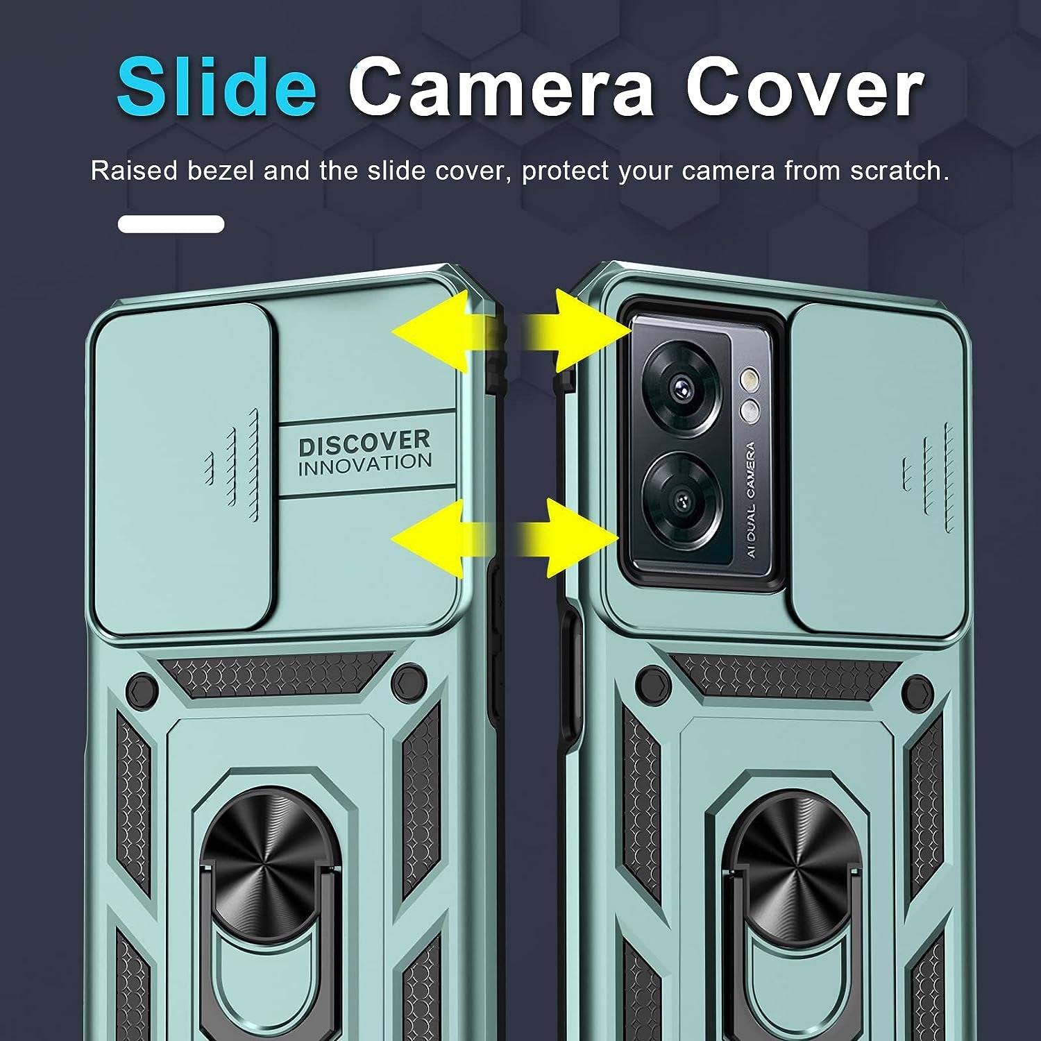 Oneplus Nord N300 5G Case Built in Slide Camera Lens Cover and Screen Protector,Heavy Duty Shockproof Full Body Protective Phone Cover,Built in Finger Ring Stable Holder Kickstand,2022 Dark Green  Janmitta   