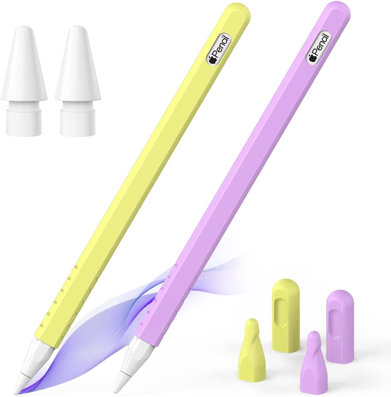 2 Pack Case Compatible with Apple Pencil 2Nd Generation, Protective Sleeve Accessories for Apple Pen 2Nd Silicone Grip Skin for Ipencil 2 Gen W/ 2 Replacement Pencil Tips, 4 Nibs Cover, Pink + Purple  Laviitp Yellow + Purple  