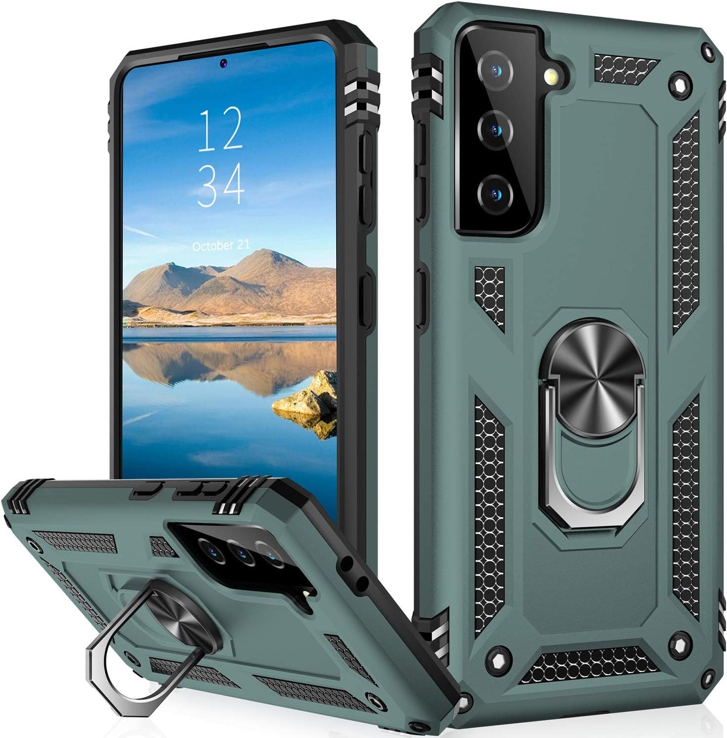 IKAZZ Galaxy S21 Case,Samsung S21 Cover Military Grade Shockproof Heavy Duty Protective Phone Case Pass 16Ft Drop Test with Magnetic Kickstand Car Mount Holder for Samsung Galaxy S21 Black  IKAZZ Pine Green Galaxy S21 Plus (Medium 6.7") 