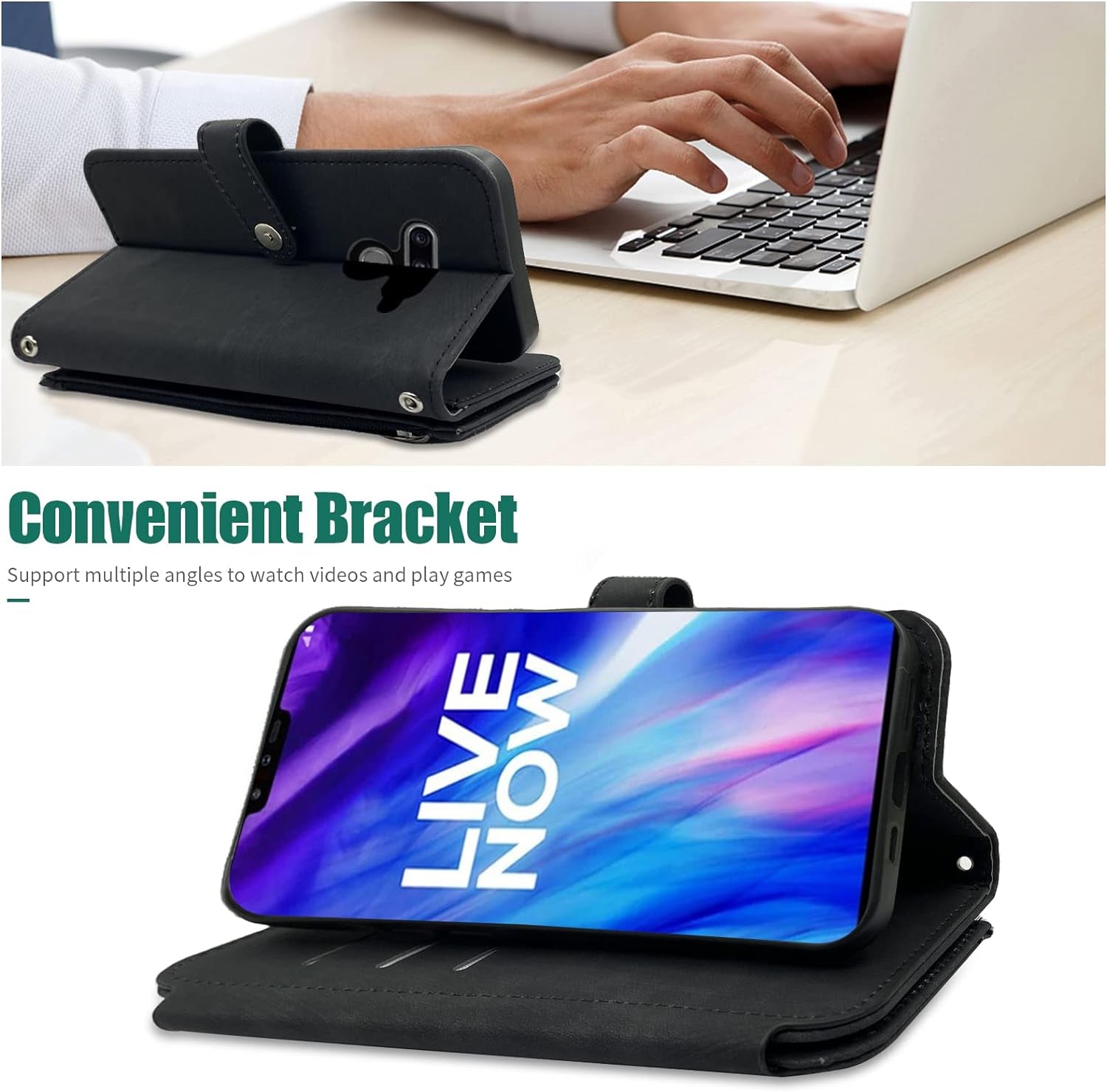 Compatible with LG V40 Thinq Wallet Case Flip Credit Card Holder Cell Phone Cover for Folio Purse Lanyard Wrist Strap Rugged Slot Mobile LGV40 Storm V 40 Thin Q V40Thinq LG40 40V 40Thinq Women Black  Furiet   