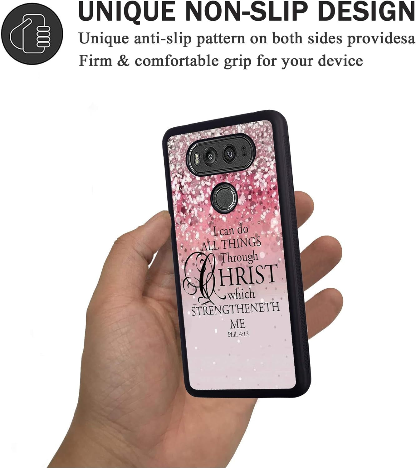 Case for LG V30, Christian Bible Verse Pink Sparkling Glitter Phil 4:13 Design Slim Anti-Scratch Rubber Protective Cover for LG V30/LG V30S/LG V30 Plus/Lg V30S Thinq/Lg V35  BWOOLL   