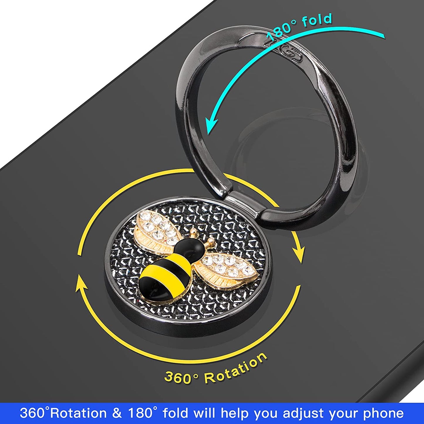 YINHEXI Phone Ring Holder Finger Kickstand, Cell Phone Ring Holder Finger Grip 360 Degree Rotation, with Crystal Stone Enamel Bee (Black)  YINHEXI   