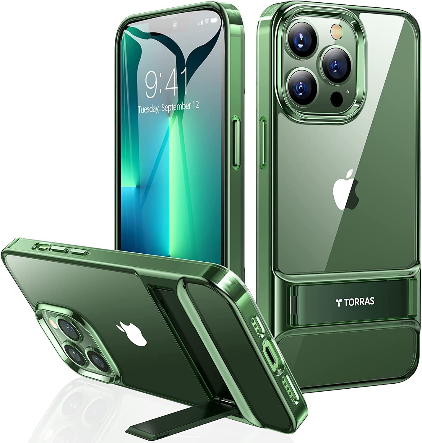 TORRAS Moonclimber Compatible for Iphone 12 Pro Max Case [5X Military Armor-Level Shockproof][Three Stand Ways] Slim Hard Phone Case with Kickstand 6.7’’-Clear  TORRAS Green iPhone 13 Pro Max 