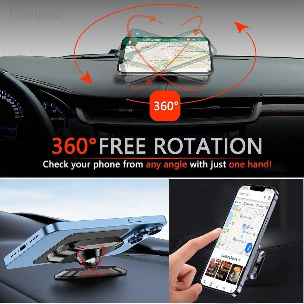 【2-Pack】Magnetic Phone Holder for Car, [ Super Strong Magnet ] [ with 4 Metal Plate ] Iphone Magnetic Car Mount for Cell Phone, [ 360° Rotation ] Universal Dashboard Adhesive Car Magnetic Phone Mount  Coolpow   