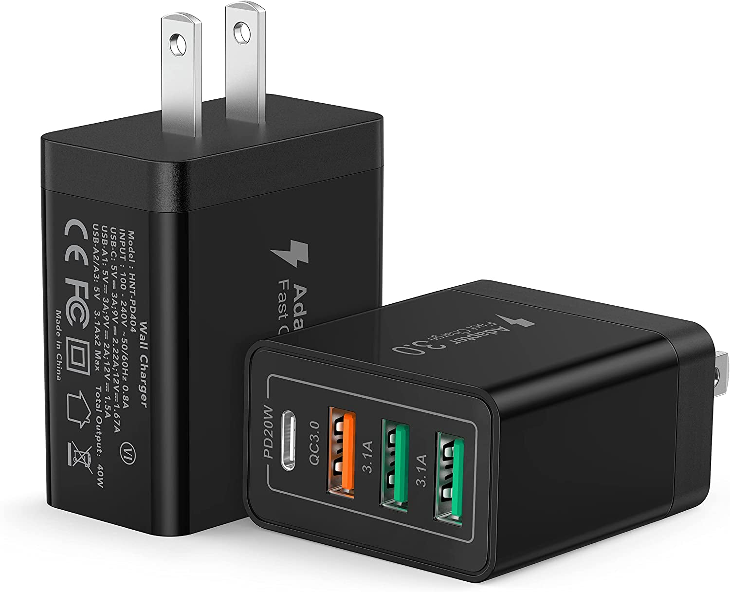 [2 Pack] USB-C Wall Charger, 40W Durable 4Port QC+PD 3.0 Power Adapter, Double Fast Plug Charging Block for Iphone 14/14 Pro/14 Pro Max/14 Plus/13/12/11, XS/XR/X, Watch Series 8/7 Cube(White)  CSODINCE Black  