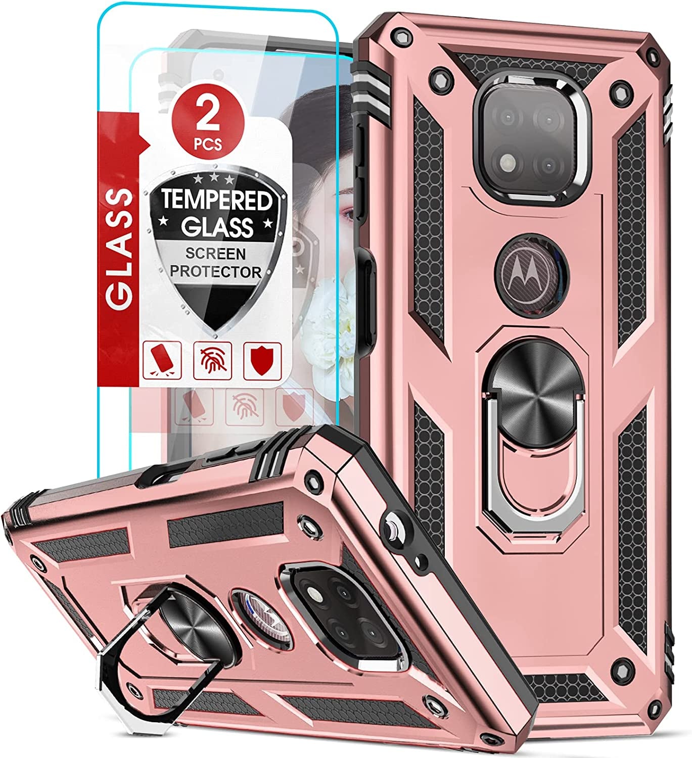 Leyi for Moto G Power 2021 Case with [2 Pack] Tempered Glass Screen Protector (Not Fit 2020/2022), [Military-Grade] Shockproof Phone Case with Kickstand for Motorola Moto G Power 2021, Black  LeYi Rose Gold  