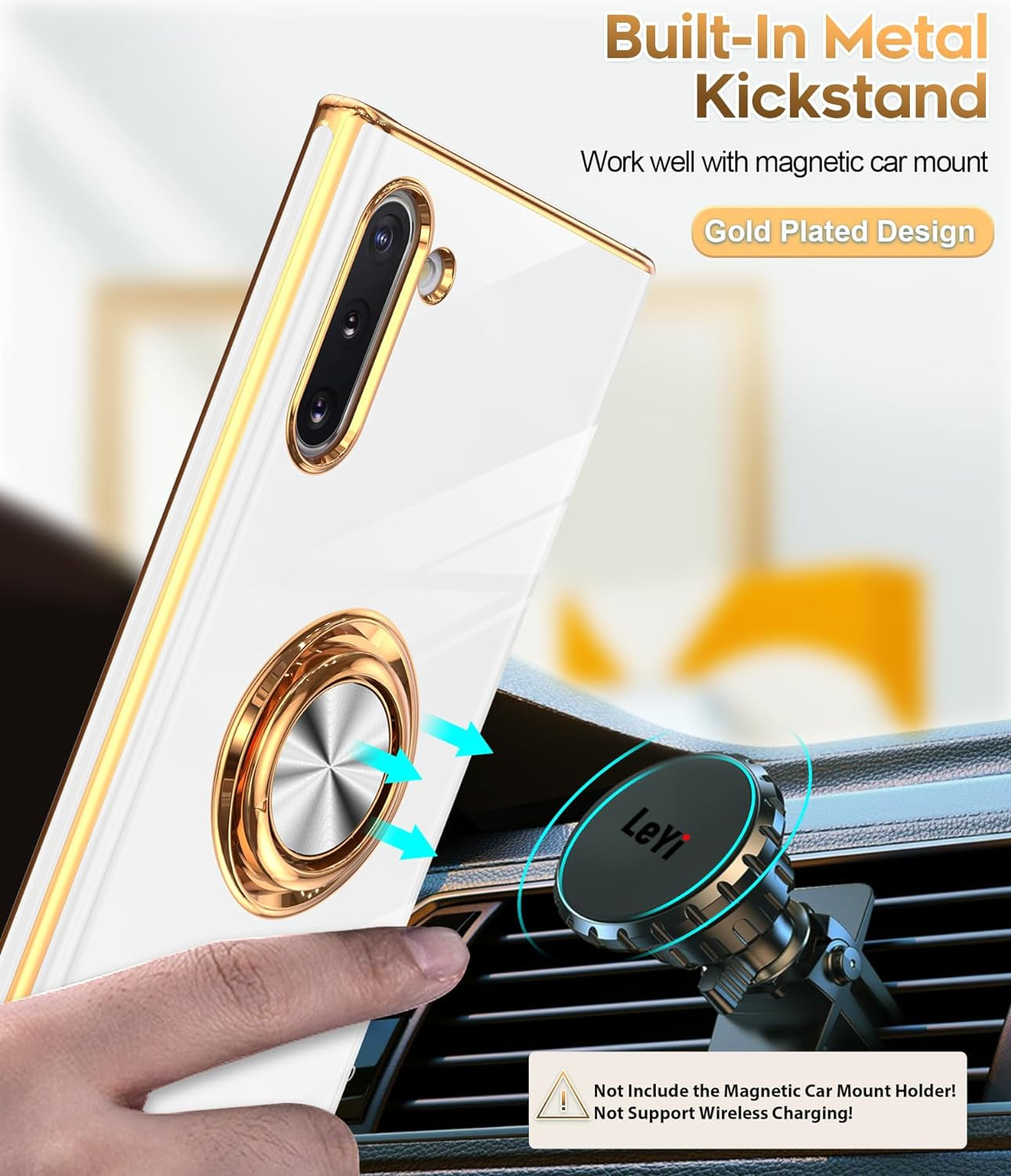 Leyi for Samsung Galaxy Note 10 Case 360° Rotatable Ring Holder Magnetic Kickstand, Plating Rose Gold Edge Protective Case [ Not Applicable Note 10 Plus], White  LeYi   