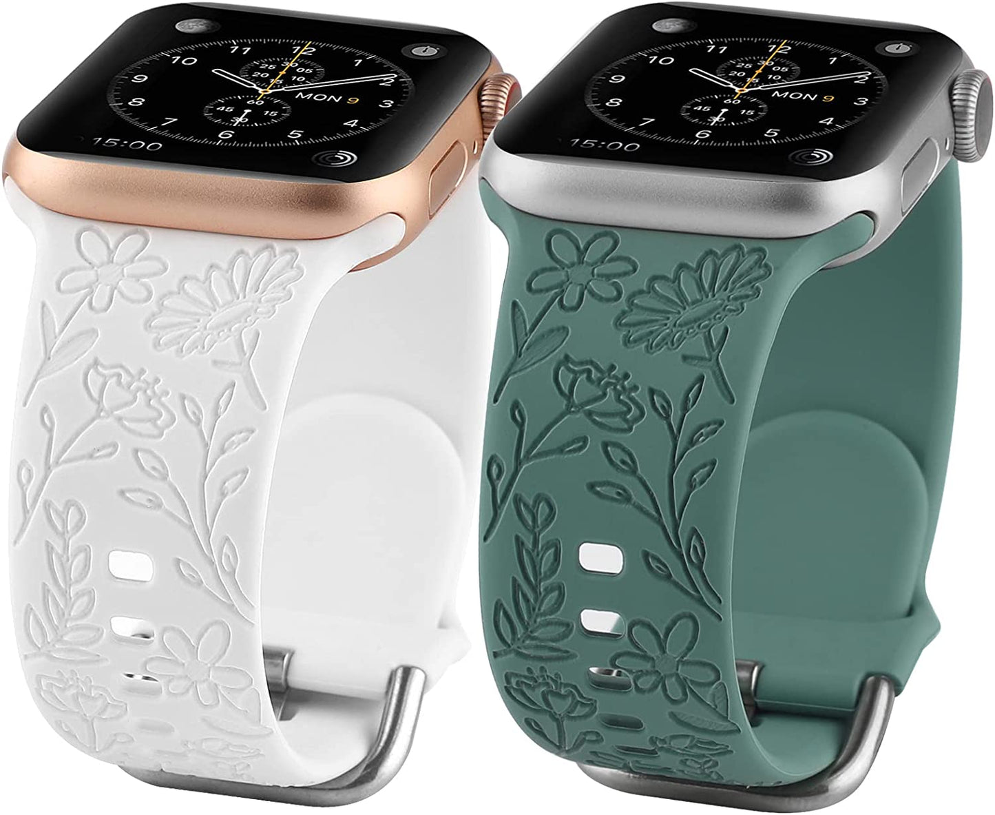 2 Pack Flower Engraved Sport Strap Compatible with Apple Watch Bands 38Mm 40Mm 41Mm, Women Floral Laser Soft Silicone Wristband Replacement Iwatch Series 8 7 6 5 4 3 2 1 SE  TERKOWQI White Green 38/40/41mm 