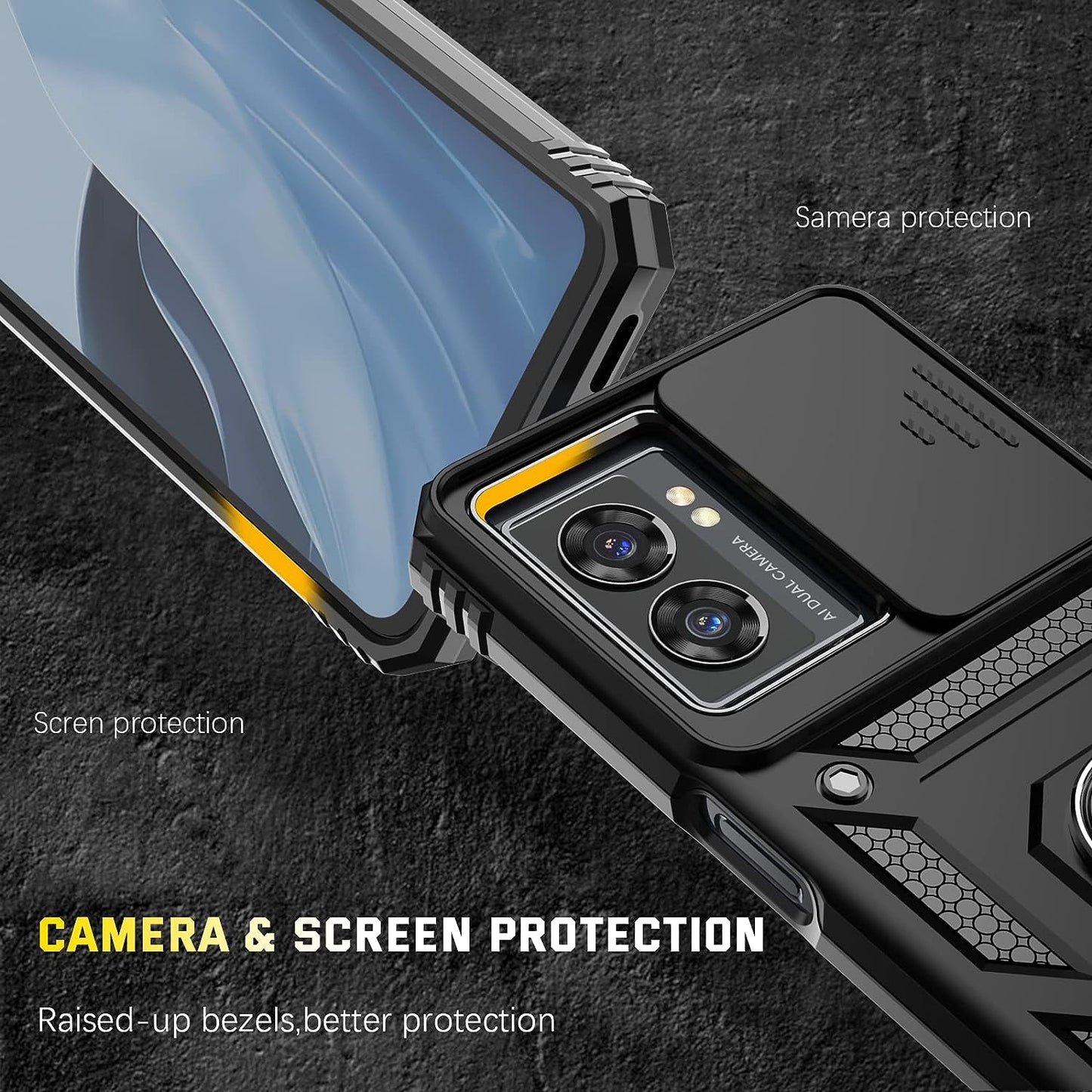 For Oneplus Nord N300 5G Case + Tempered Glass Screen Protector with Kickstand & Slide Lens Protector Cover,Heavy Duty Armor Shockproof Rugged Military Grade Protective Case for Oneplus N300 5G（Black)  Dretal   