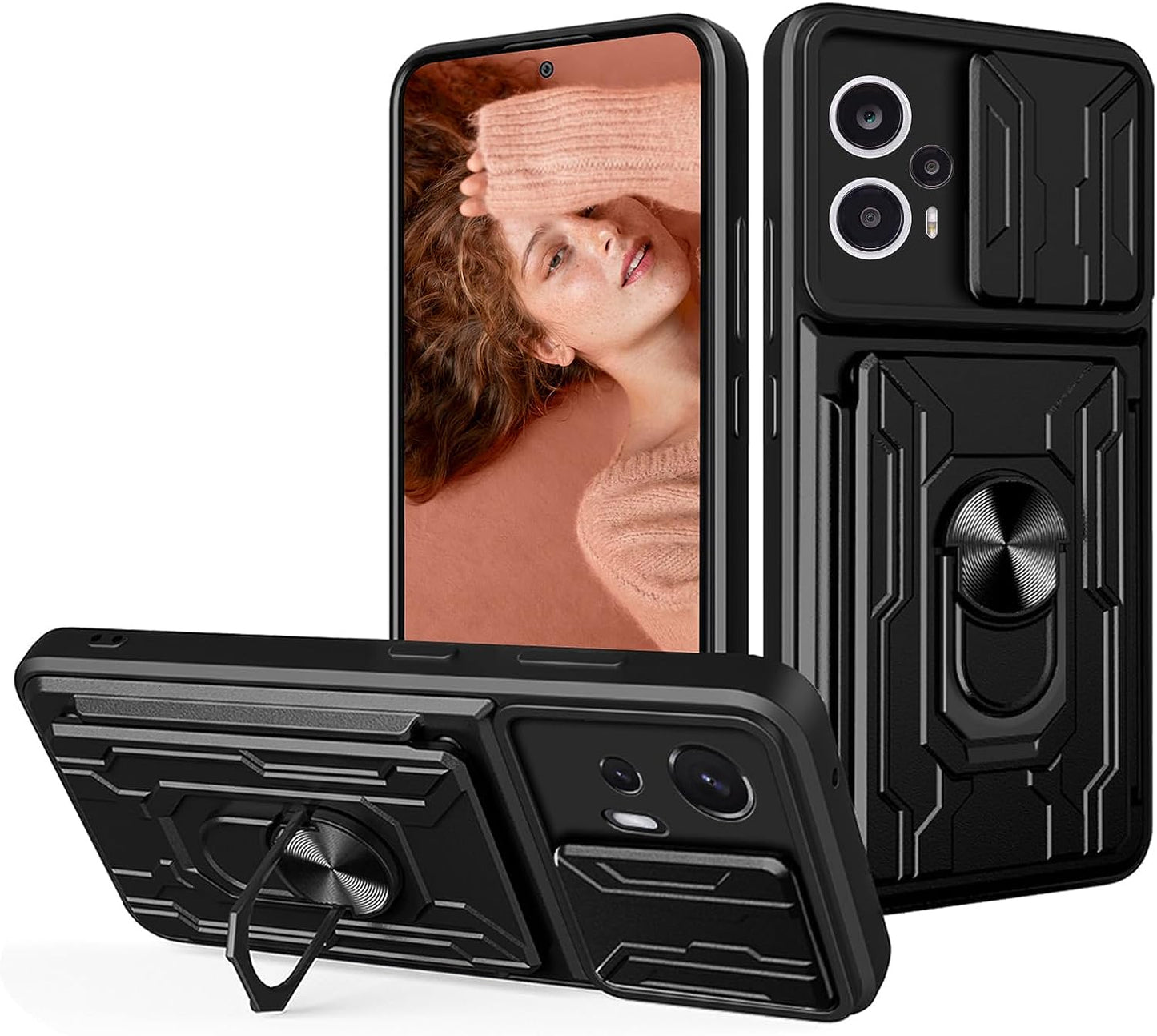 Tncavo for Xiaomi Poco F5 Case with Card Holder, Military Grade Shockproof Heavy Duty Protective with Rotating Ring Kickstand & Camera Cover for Xiaomi Redmi Note 12 Turbo LJ Black  Tncavo   