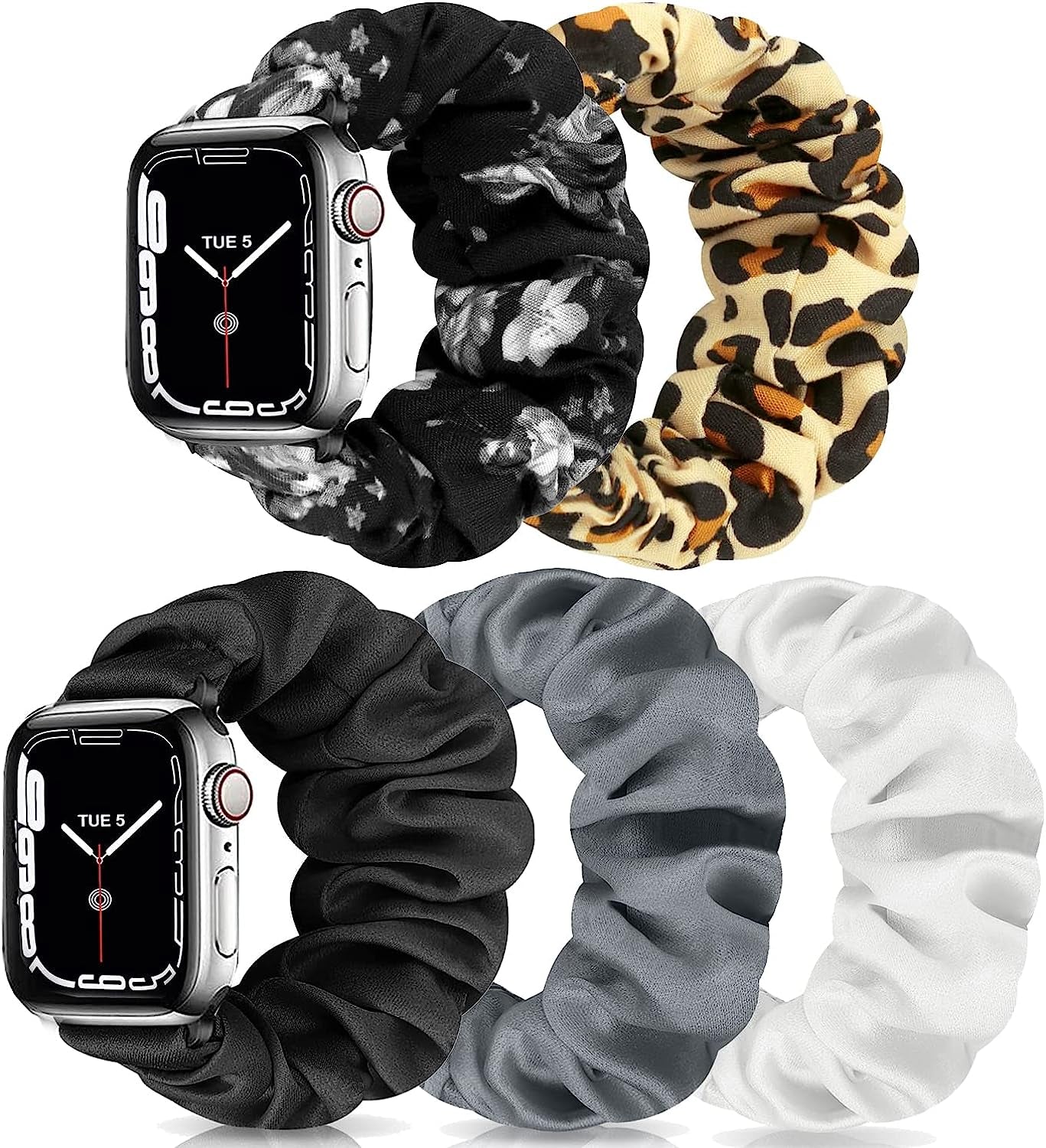 Scrunchie Watch Bands for Women Compatible with Apple Watch 38Mm 40Mm 41Mm 42Mm 44Mm 45Mm, Elastic Scrunchy Replacement Band Soft Stretchy Band for Iwatch Series 7/6/5/4/3/2/1/SE  DKGKOO E(Black/White/Gray/Leopard/Black flower) 42mm/44mm/45mm Large-Size 