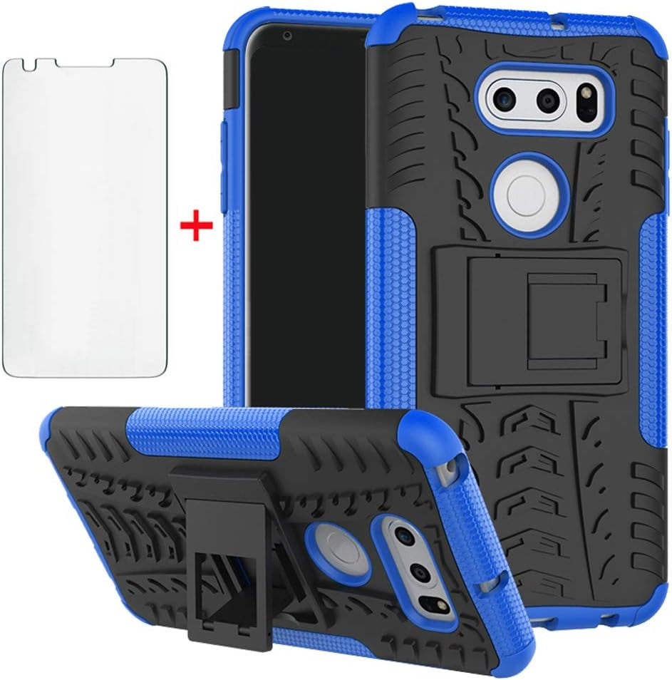 Phone Case for LG V35 Thinq V30 plus with Tempered Glass Screen Protector Cover and Stand Kickstand Hard Rugged Hybrid Cell Accessories LGV30 LGV35 LG30 LG35 V 30 35 V30+ V30S H931 Cases Men Black  Asuwish Blue For Lg V30  