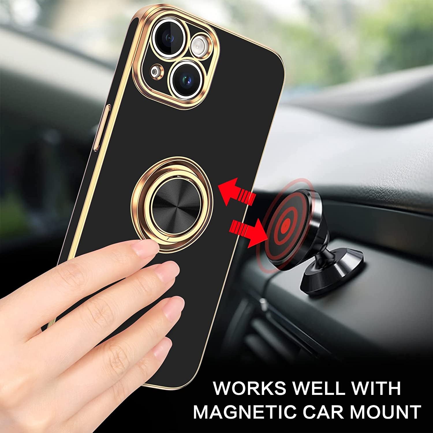 VENINGO Iphone 14 Case,Phone Cases for Iphone 14,Slim Fit Soft 360° Ring Holder Kickstand Magnetic Car Mount Supported Easy Clean Shockproof Protective Cover for Apple Iphone 14 6.1" 2022,Black/Golden  VENINGO   