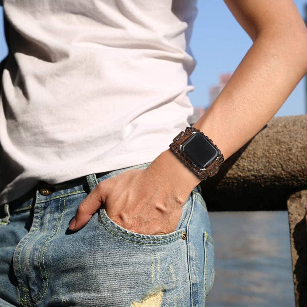 KONAFEI Compatible with Apple Watch Band 49Mm 45Mm 44Mm 42Mm 41Mm 40Mm 38Mm Iwatch Ultra Series 8/7/SE/6/5/4/3/2/1 for Men Women, Leather Handmade Cuff Bracelet Woven Vintage Strap  KONAFEI   