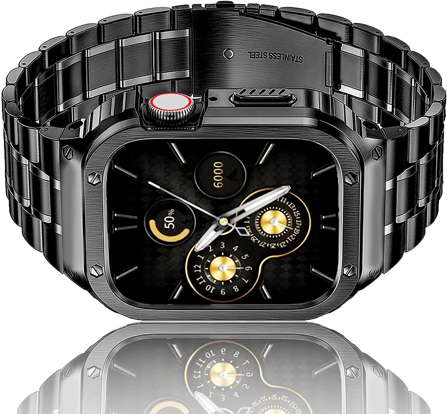 Amznew Apple Watch Band with Case Compatible for Iwatch Series Ultra(49Mm) 8/7(45Mm/41Mm) 6/5/4/Se(44Mm/40Mm) 3/2/1(42Mm/38Mm), Stainless Steel Iwatch Bands and Metal Bumper Cover for Men  Amznew Black 45mm 