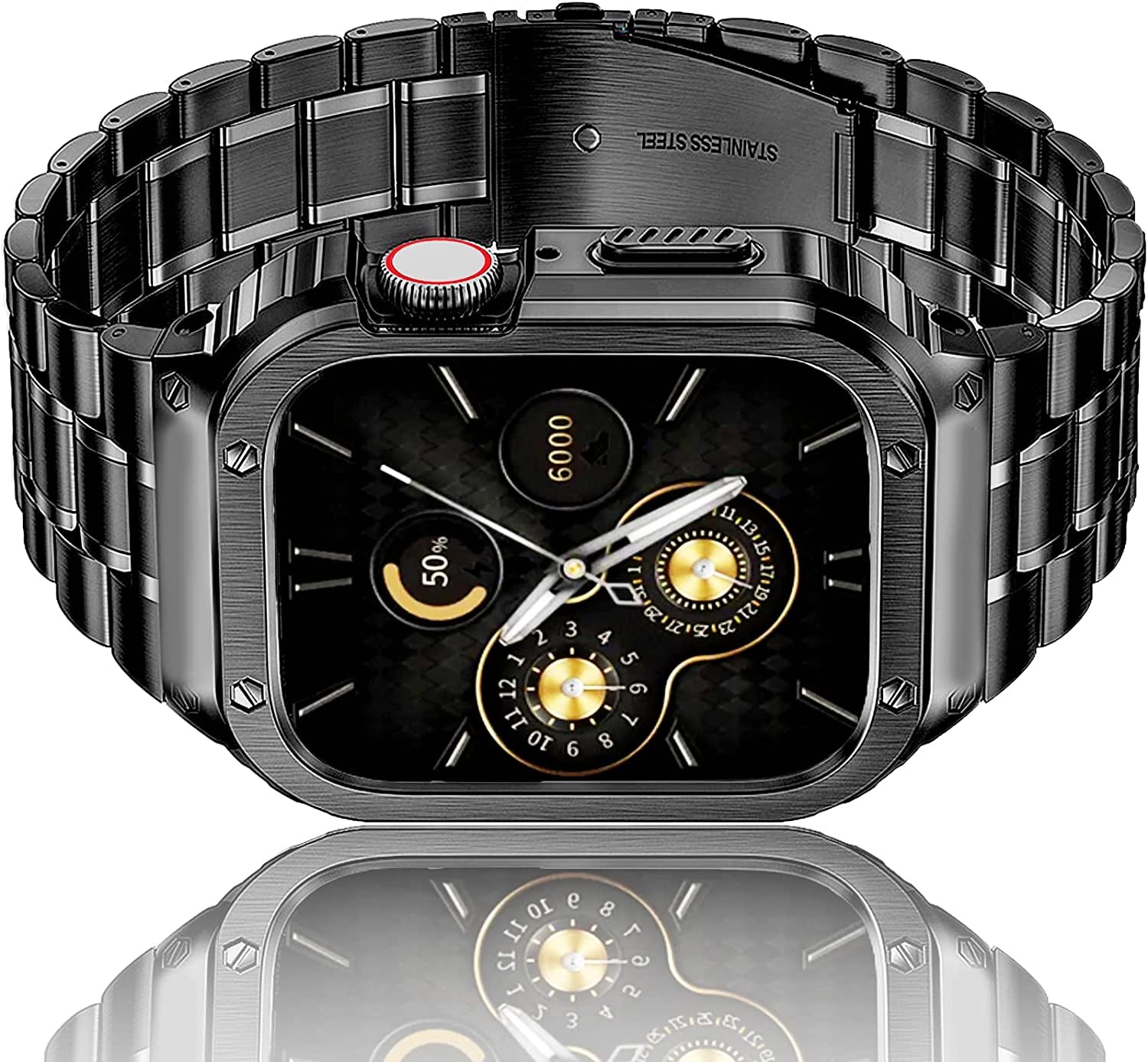 Amznew Apple Watch Band with Case Compatible for Iwatch Series Ultra(49Mm) 8/7(45Mm/41Mm) 6/5/4/Se(44Mm/40Mm) 3/2/1(42Mm/38Mm), Stainless Steel Iwatch Bands and Metal Bumper Cover for Men  Amznew Black 45mm 