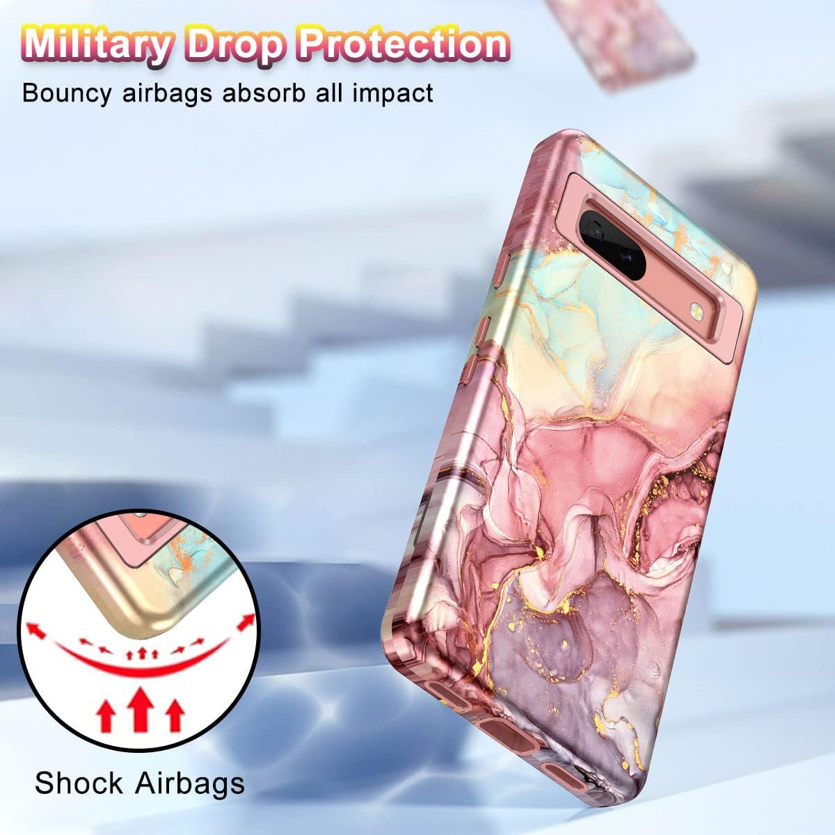 Btscase for Google Pixel 7A Case, [5 in 1] with 2 Pack Screen Protector + 2 Pack Camera Lens Protector, Marble Pattern Full Body Three Layer Rugged Shockproof Protective Cover (2023), Rose Gold  Btscase   