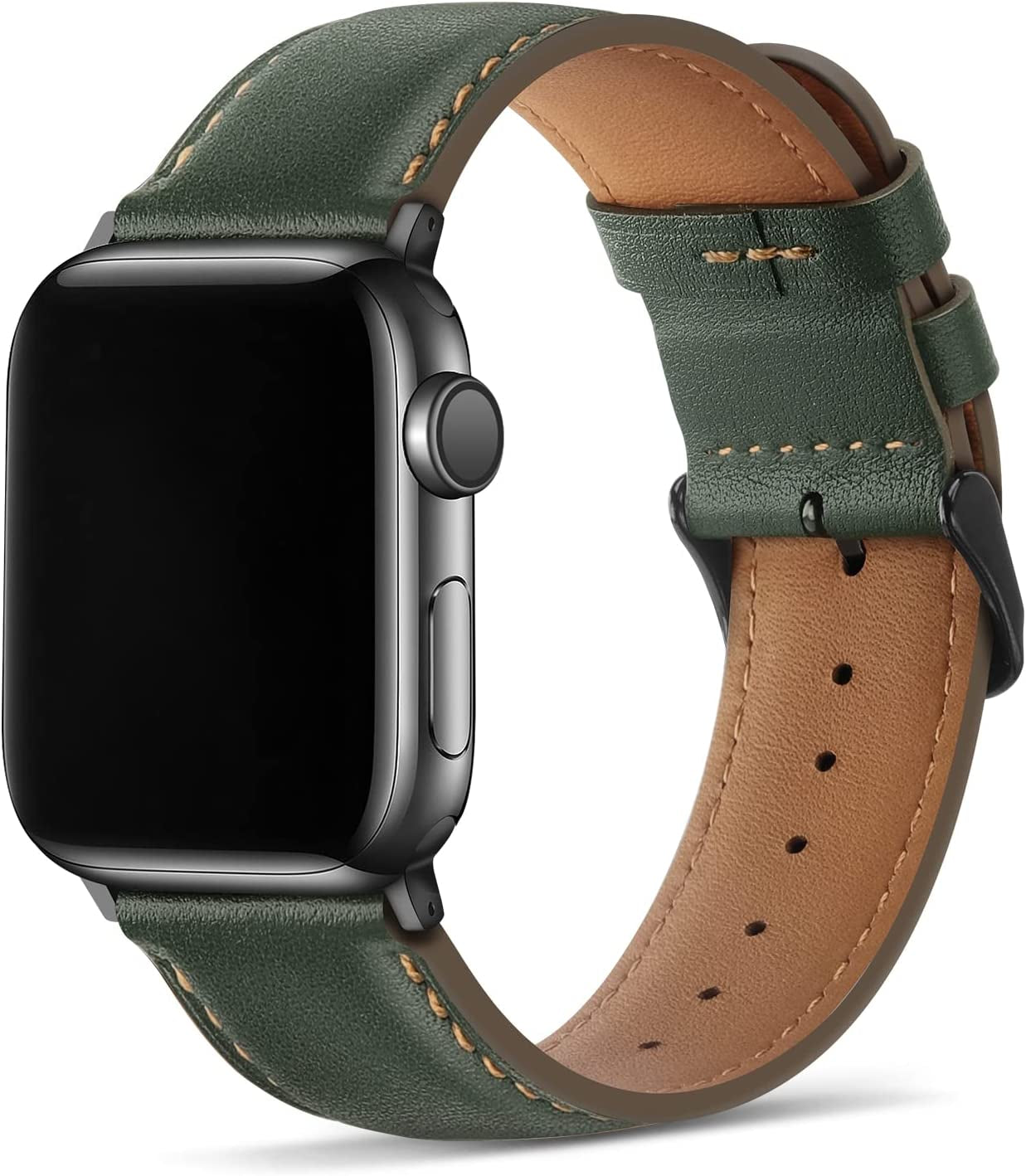 Tasikar Bands Compatible with Apple Watch Band 49Mm 45Mm 44Mm 42Mm Men Genuine Leather Replacement Bands Compatible with Apple Watch Ultra Series 8 7 (45Mm) SE 6 5 4 (44Mm) 3 2 1 (42Mm) - Black  Tasikar Green 38mm/40mm/41mm 