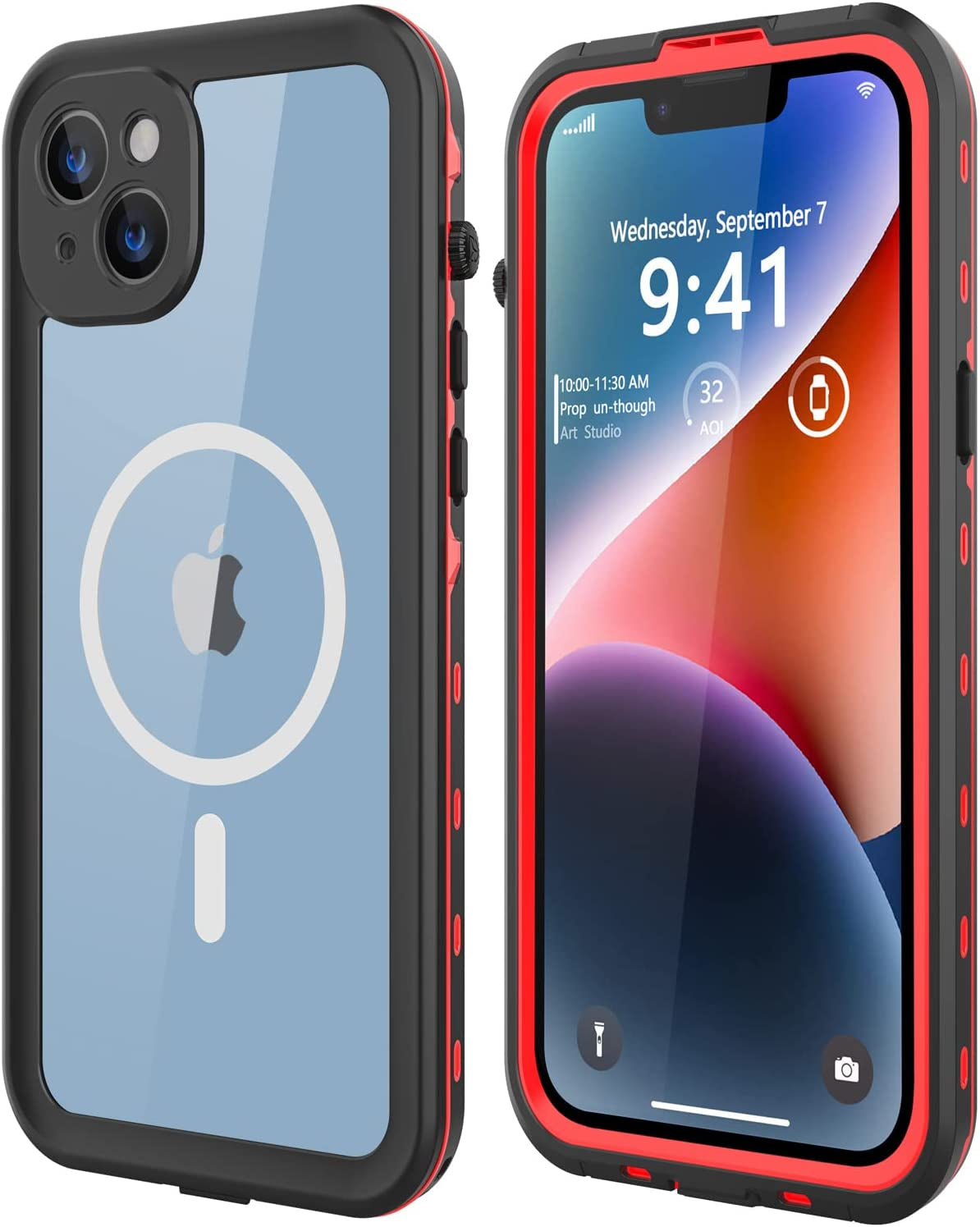 Dewfoam Waterproof Iphone 14 plus Case - Shockproof, Dustproof, Built-In Screen Protector, Magnetic Ring, 6.7" (Black)  Dewfoam Red Iphone 14 Plus 