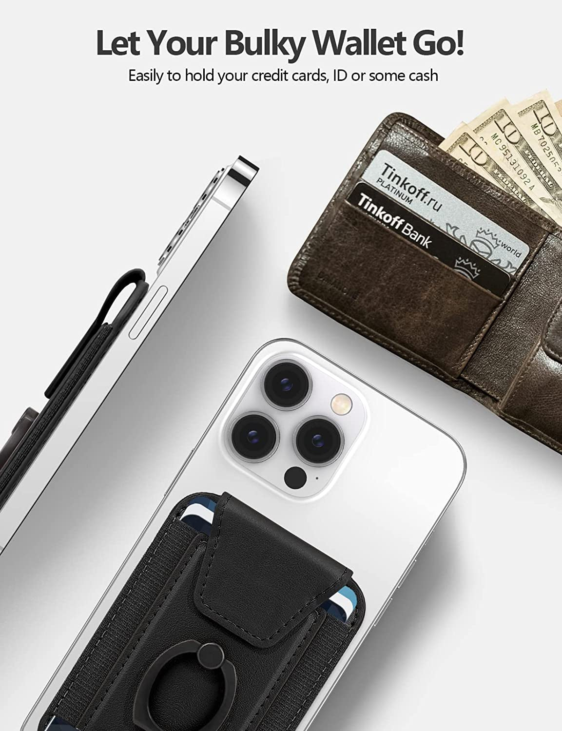 3-In-1 Magnetic Wallet with Phone Grip, Compatible with Magsafe Wallet and Phone Stand, Leather Privacy Flap, Magnetic Phone Wallet Holder with Phone Ring for Iphone 14/13/12 Series, 7 Cards, Black  ExtreLife   