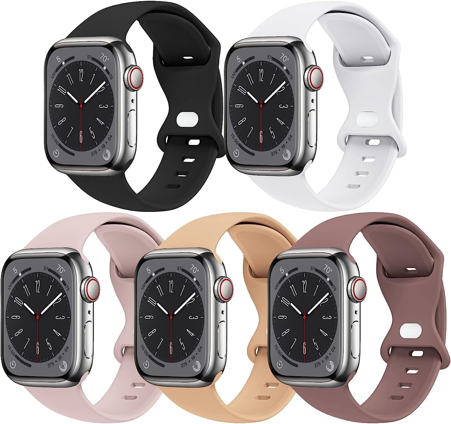 [5 PACK] STG Sport Watch Band Compatible with Apple Watch Band 38Mm 40Mm 41Mm 42Mm 44Mm 45Mm 49Mm Soft Silicone Replacement Sport Strap Compatible for Iwatch Ultra SE Series 8/7/6/5/4/3/2/1 (38Mm/40Mm/41Mm S/M, 5 PACK  STG 5 Pack L - Black/White/Pink Sand/Milk Tea/Smokey Mauve 42mm/44mm/45mm/49mm M/L 