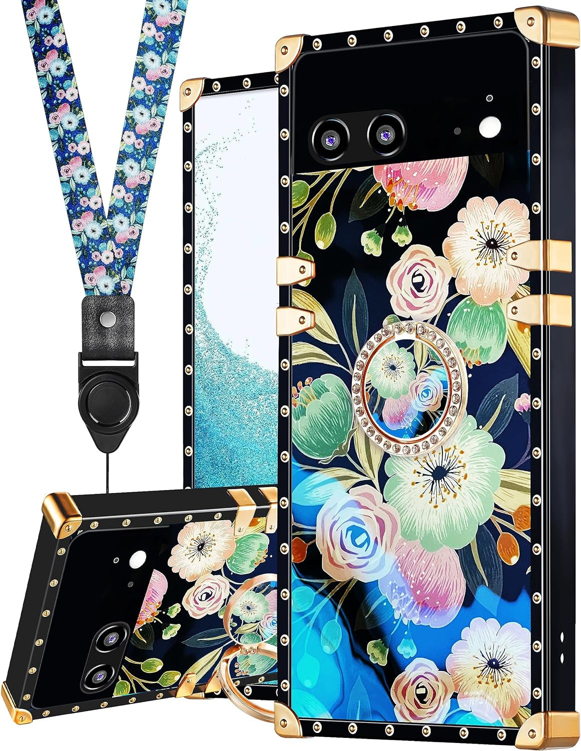 Loheckle for Pixel 6 Case for Women, Designer Square Cases for Google Pixel 6 with Ring Stand Holder and Lanyard, Stylish Bees Luxury Cover for Pixel 6 Case 6.4 Inch  Loheckle Flowers Pixel 6 