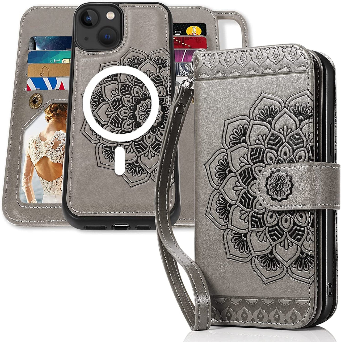 CASEOWL Compatible with Iphone 14 Wallet Case, Support Magsafe Charger, 2 in 1 Magnetic Detachable Folio Leather Iphone 14 Case Wallet with 9 Card Slots[Rfid Blocking], Strap for Man Women (Black)  CASEOWL Mandala # Gray [for iPhone 14]  