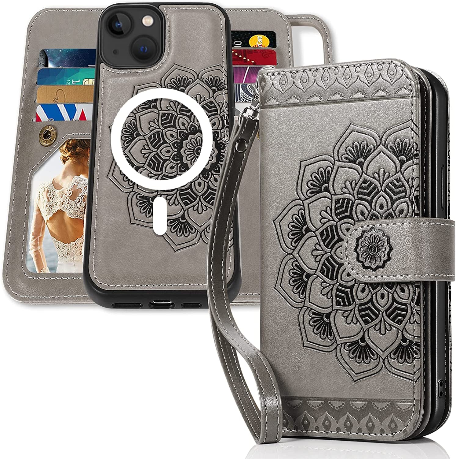 CASEOWL Compatible with Iphone 14 Wallet Case, Support Magsafe Charger, 2 in 1 Magnetic Detachable Folio Leather Iphone 14 Case Wallet with 9 Card Slots[Rfid Blocking], Strap for Man Women (Black)  CASEOWL Mandala # Gray [for iPhone 14]  