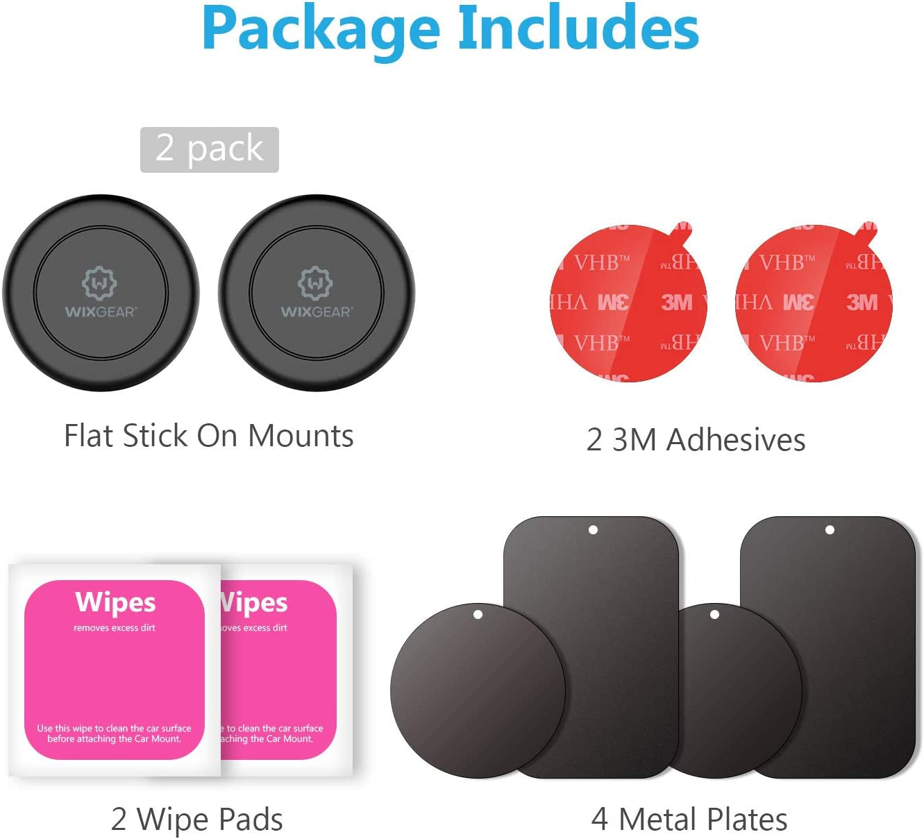 Wixgear Universal Flat Stick on (2 Pack) Dashboard Magnetic Car Mount Holder for Cell Phones and Mini Tablets with Fast Swift-Snap Technology - Extra Slim  WizGear   