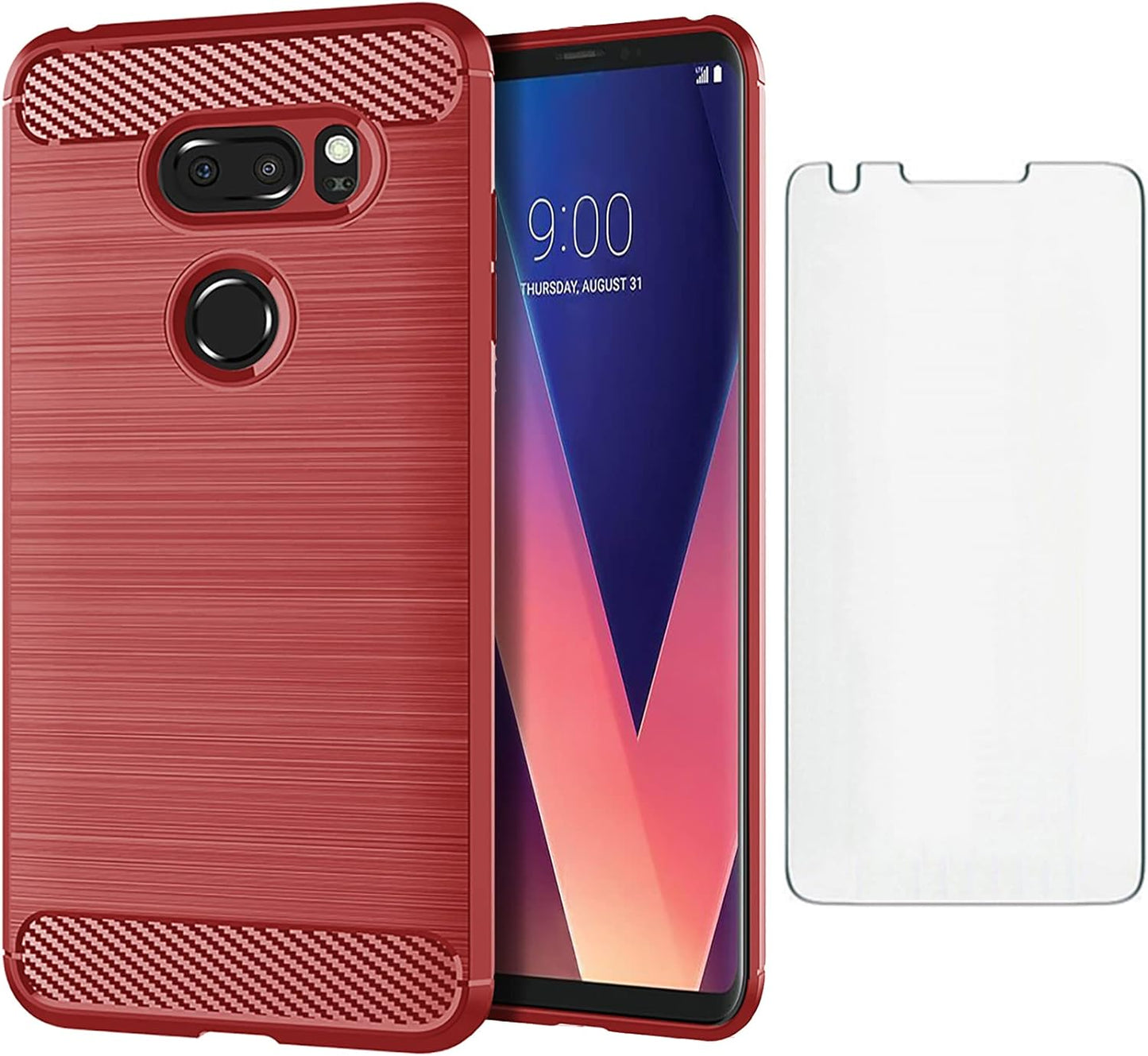 Phone Case for LG V35 Thinq V30 plus with Tempered Glass Screen Protector Slim Accessories Silicone Protective Cell Cover LGV30 LGV35 LG30 LG35 Thin Q V35Thinq V30Plus V 30 35 V30+ V30S 30Plus 35Thinq  NSS Red  