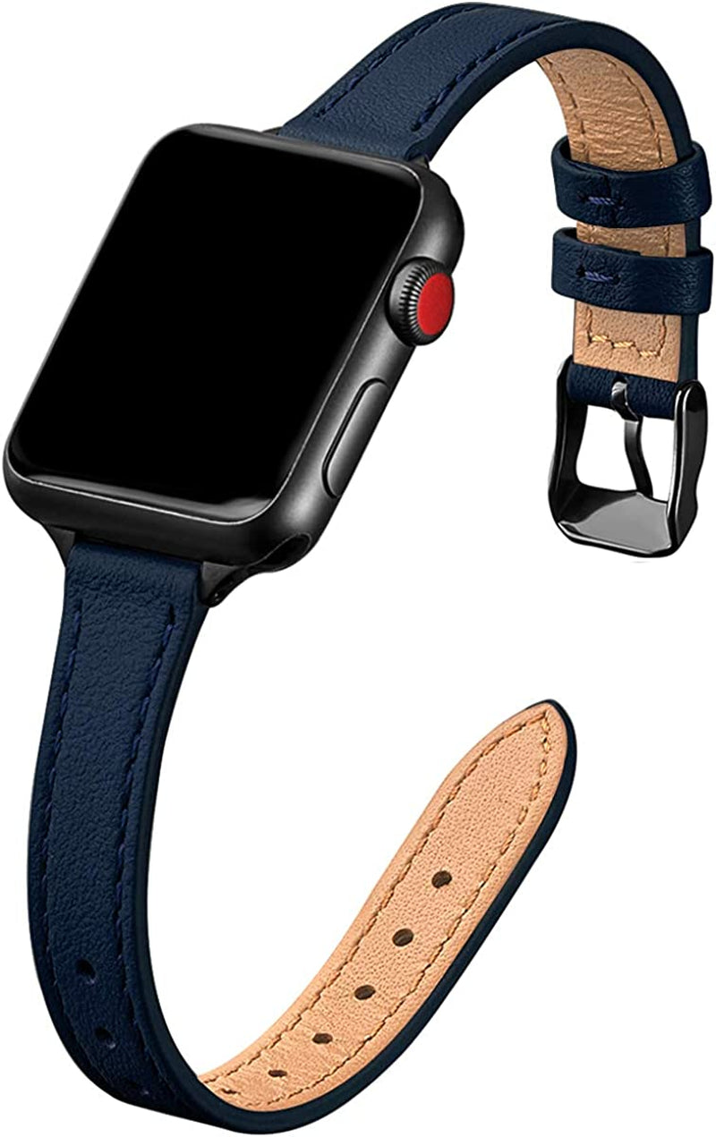STIROLL Slim Leather Bands Compatible with Apple Watch Band 38Mm 40Mm 41Mm 42Mm 44Mm 45Mm 49Mm, Top Grain Leather Watch Thin Wristband for Iwatch Ultra SE Series 8/7/6/5/4/3/2/1  STIROLL Navy with Black 42mm/44mm/45mm/49mm 