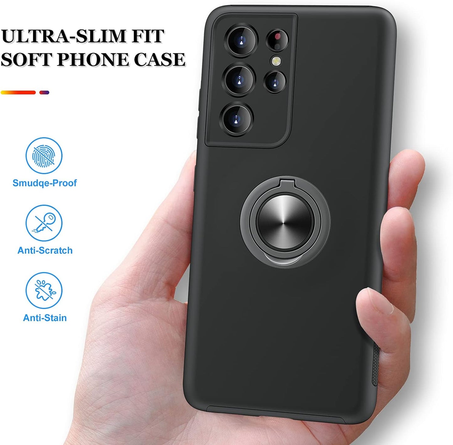 JAME for Samsung Galaxy S21 Ultra Case, [NOT for S21 or S21 Plus], Slim Soft Bumper Protective Case for Samsung S21 Ultra Case, with Invisible Ring Holder Kickstand for Galaxy S21 Ultra Case, Black  XJXIN   