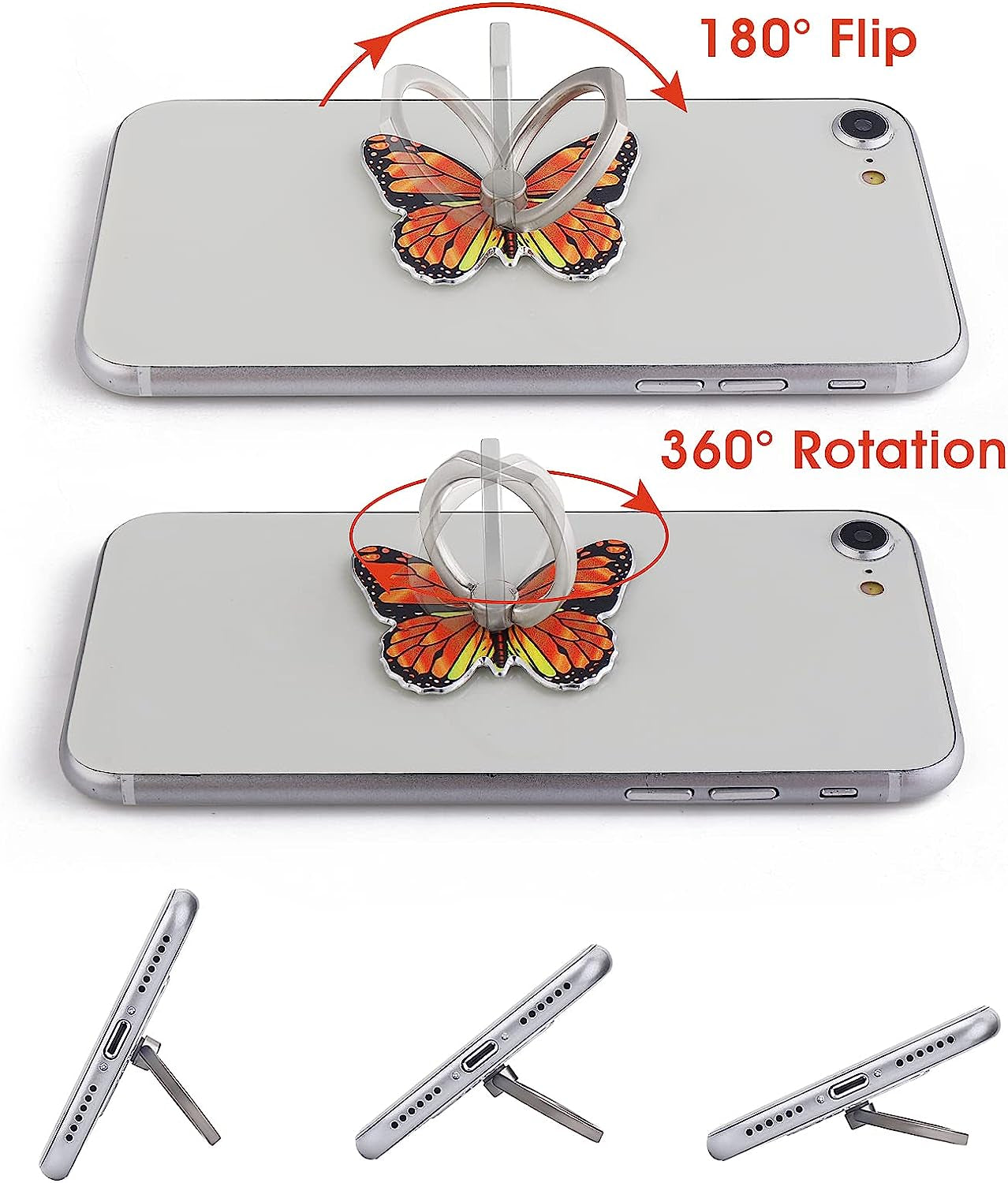 Cobee Butterfly Cell Phone Ring Stand Holder, 2 Pcs Cute Butterfly Pattern Painted Metal Finger Stand Kickstand 360°Rotation Phone Ring Holder Stand Ring Hand Grip with Knob Loop(Yellow, Orange)  Cobee   
