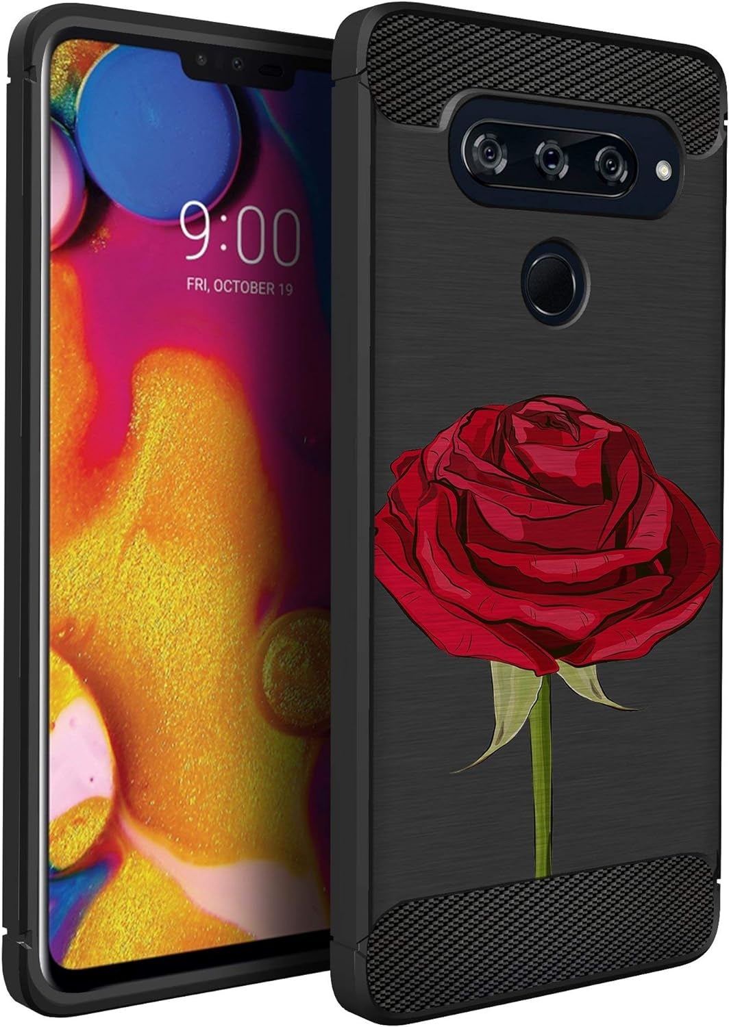 Casesondeck Case Compatible with [LG V40 Thinq] Tribal Floral Matte TPU Flexible Carbon Fiber Textured (Dreamcatcher)  CasesonDeck Red Rose  