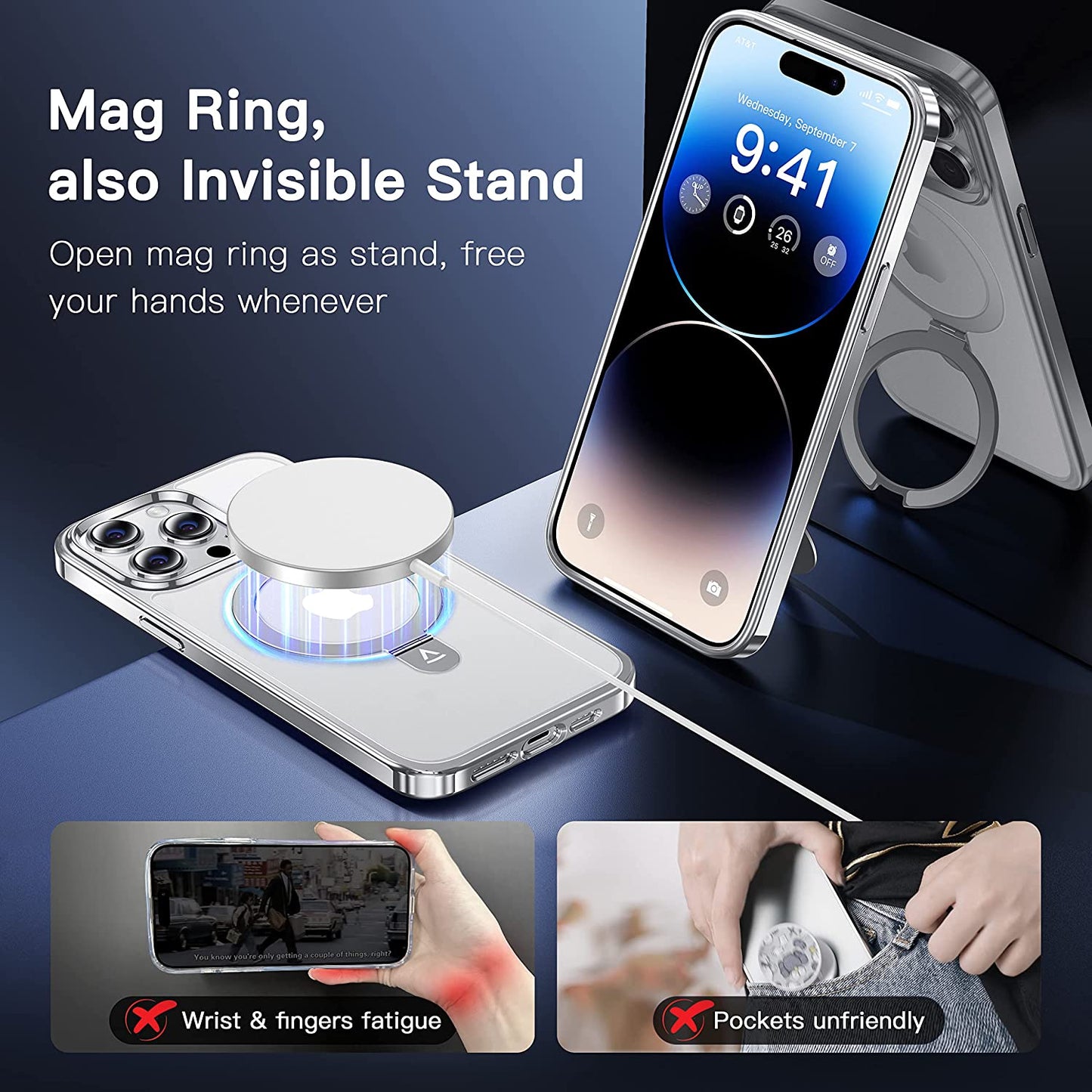 Alphex Invisible Stand Magnetic Case for Iphone 14 Pro Max [Look as Bare Iphone][Compatible with Magsafe] Military Grade Shockproof Matte Slim Phone Cover Ring Holder Women Men 6.7 Inch, Silver  Alphex   