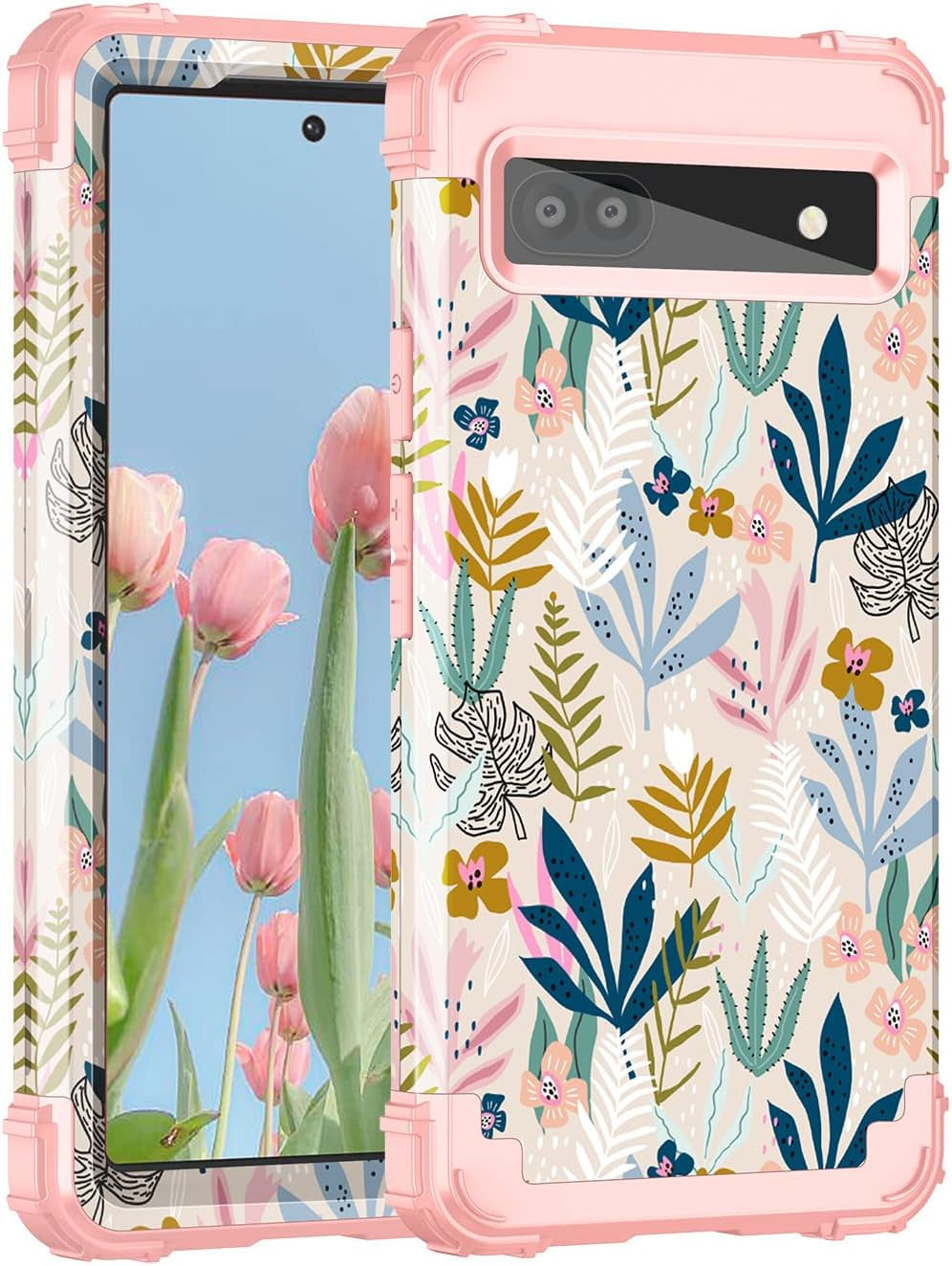 Hekodonk Google Pixel 6A Case (2022) - Heavy Duty Shockproof Hybrid Protection, Hard Plastic & Silicone Rubber, 3-In-1 Drop Protective - Blue Golden  Hekodonk Yellow Flower  